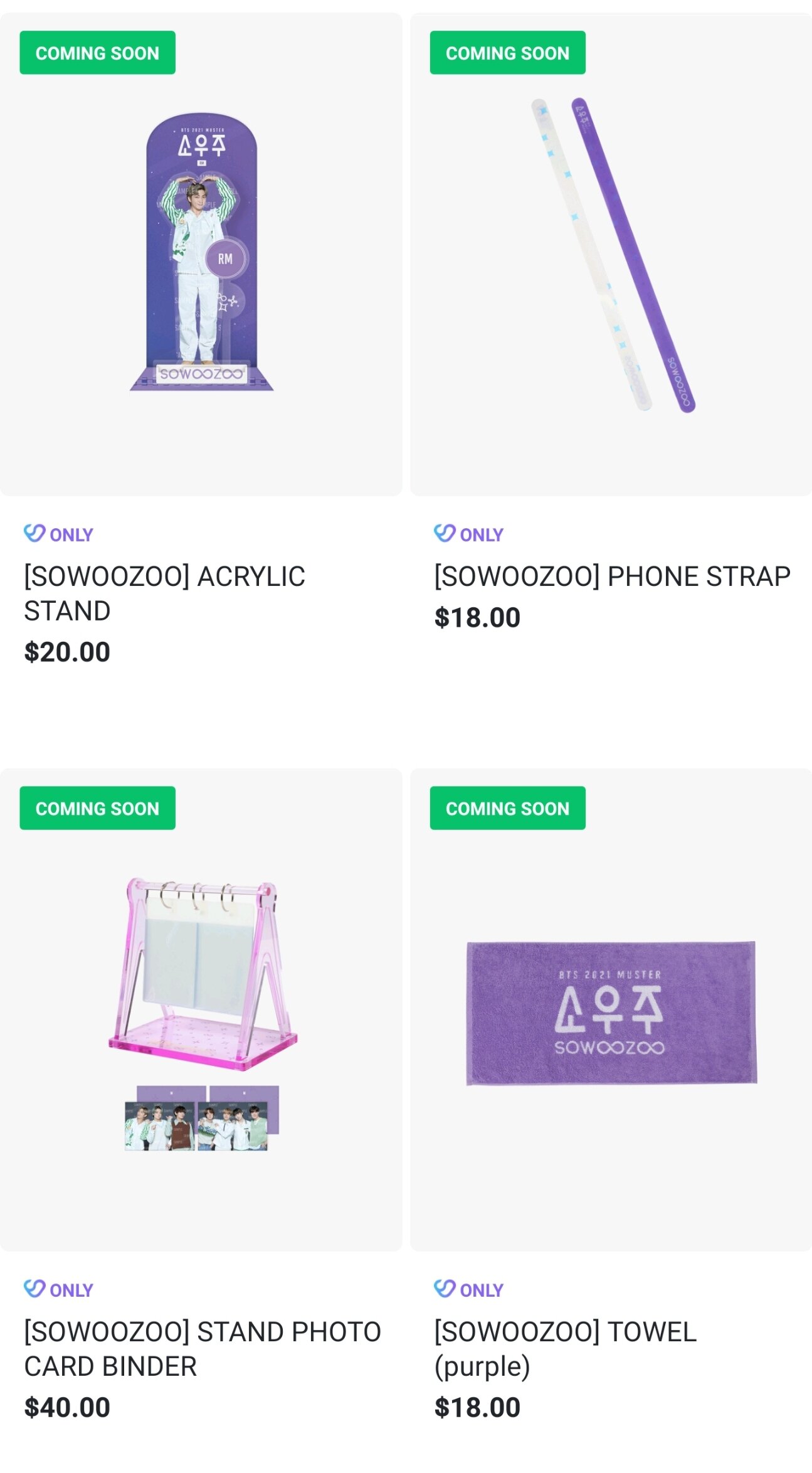 SOWOOZOO acrylic stand, phone strap, standing photo card binder, purple towel