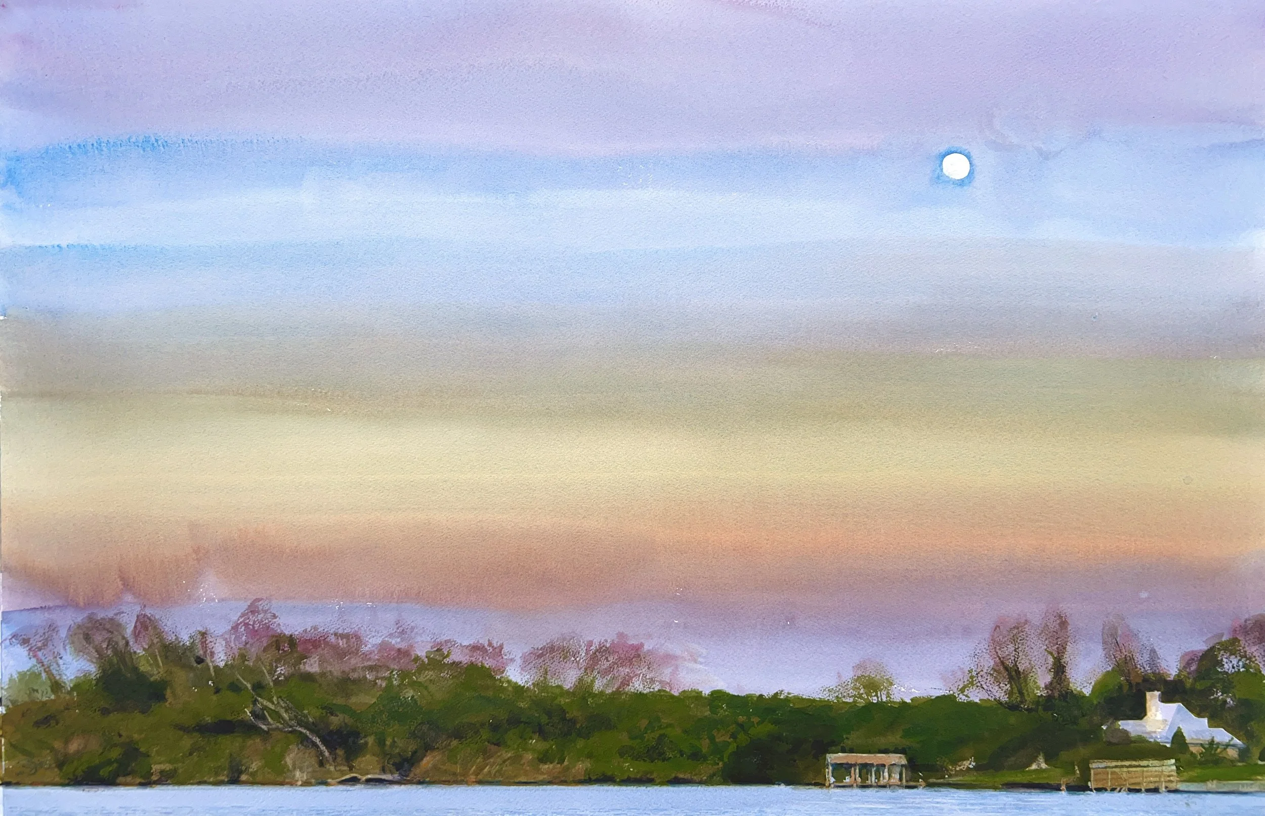 Plein Air, 7:45-8:30pm, Moonscape from Boat Town Dock, 4.10.25