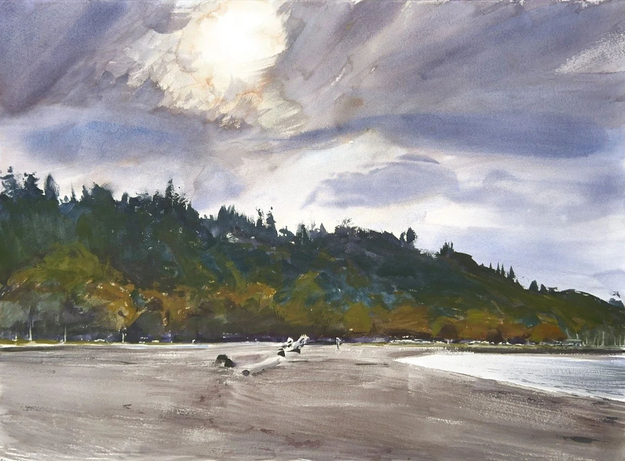 Plein Air, Golden Gardens overcast, driftwood, beach, 10:00-11:20am, 10.4.23