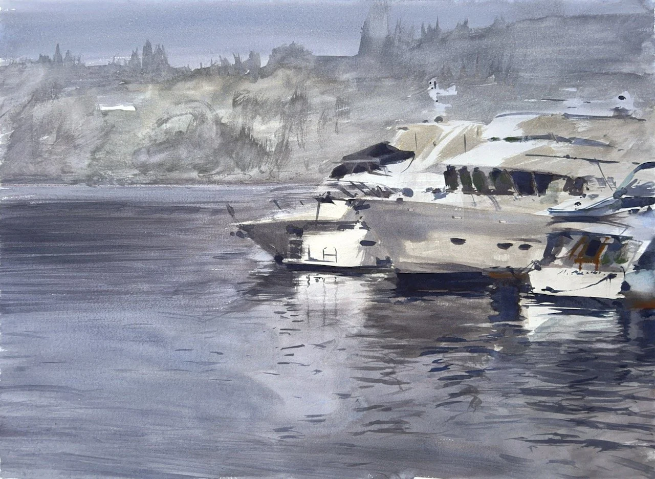 Plein Air, 7:30 to 8:30am. yachts in the fog, Lake Union, 10.12.23