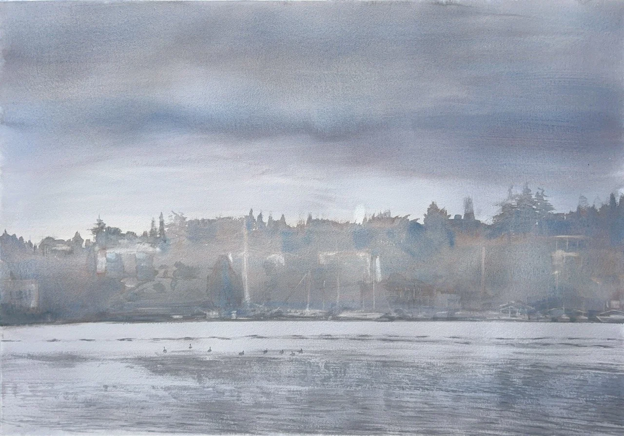 Plein Air, Eastlake in the rain from the shelter at gasworks, 10:30-12 noon, 9.27.23