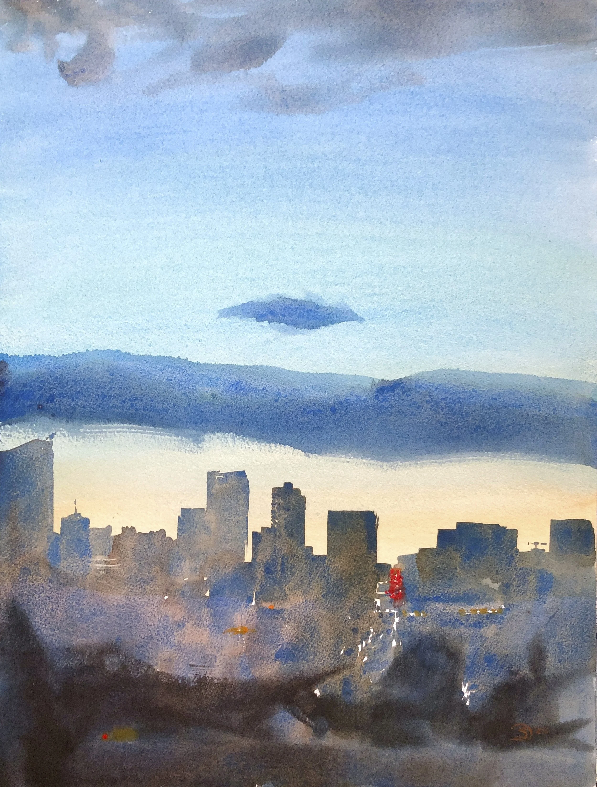 Plein Air Seattle Skyline, Rain, Eve, 2.14.22, Monday