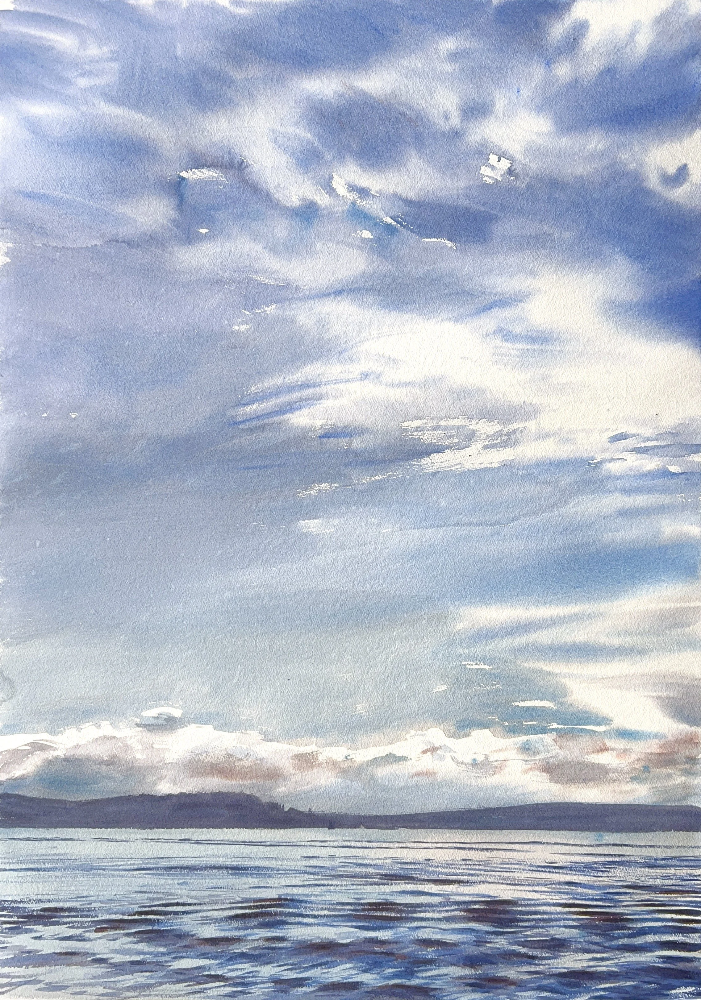 Plein Air, Clouds and Wakes off Alki, 8.8.23, 5-6pm
