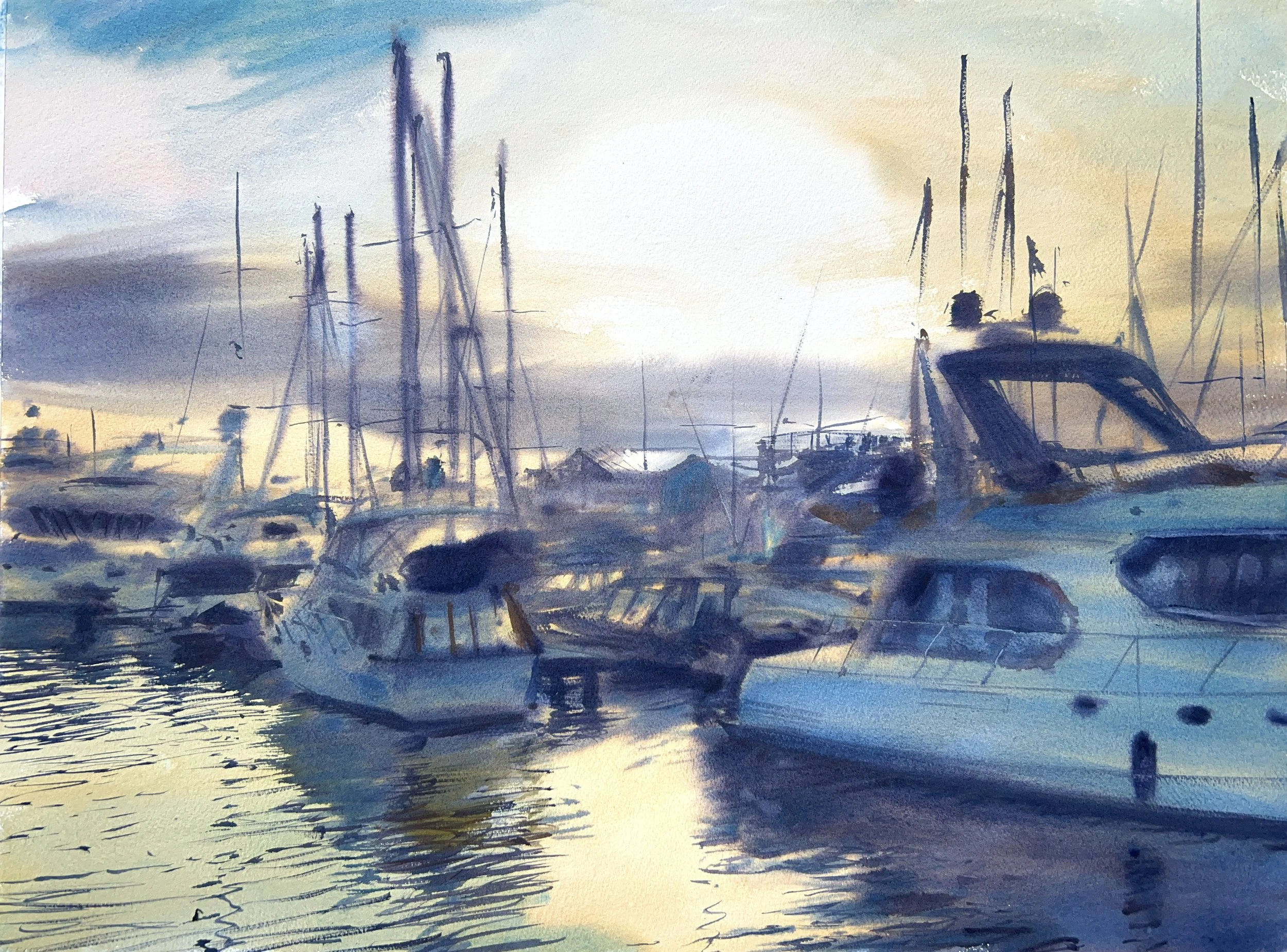 Plein Air, 8-9am, Yachts with Sunrise from Westlake, Yacht Window Glow, 11.16.23