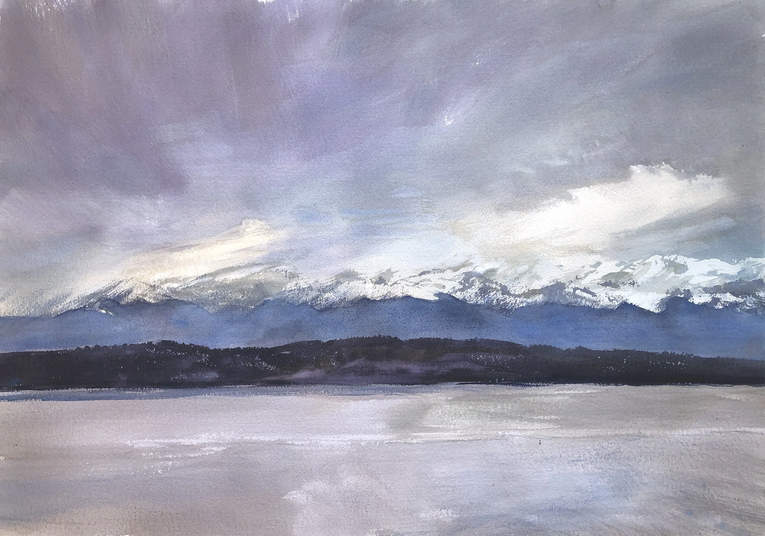 Plein Air, Olympic Range from Discovery Park, Overcast, 3-3:45pm, 1.11.23 Wednesday