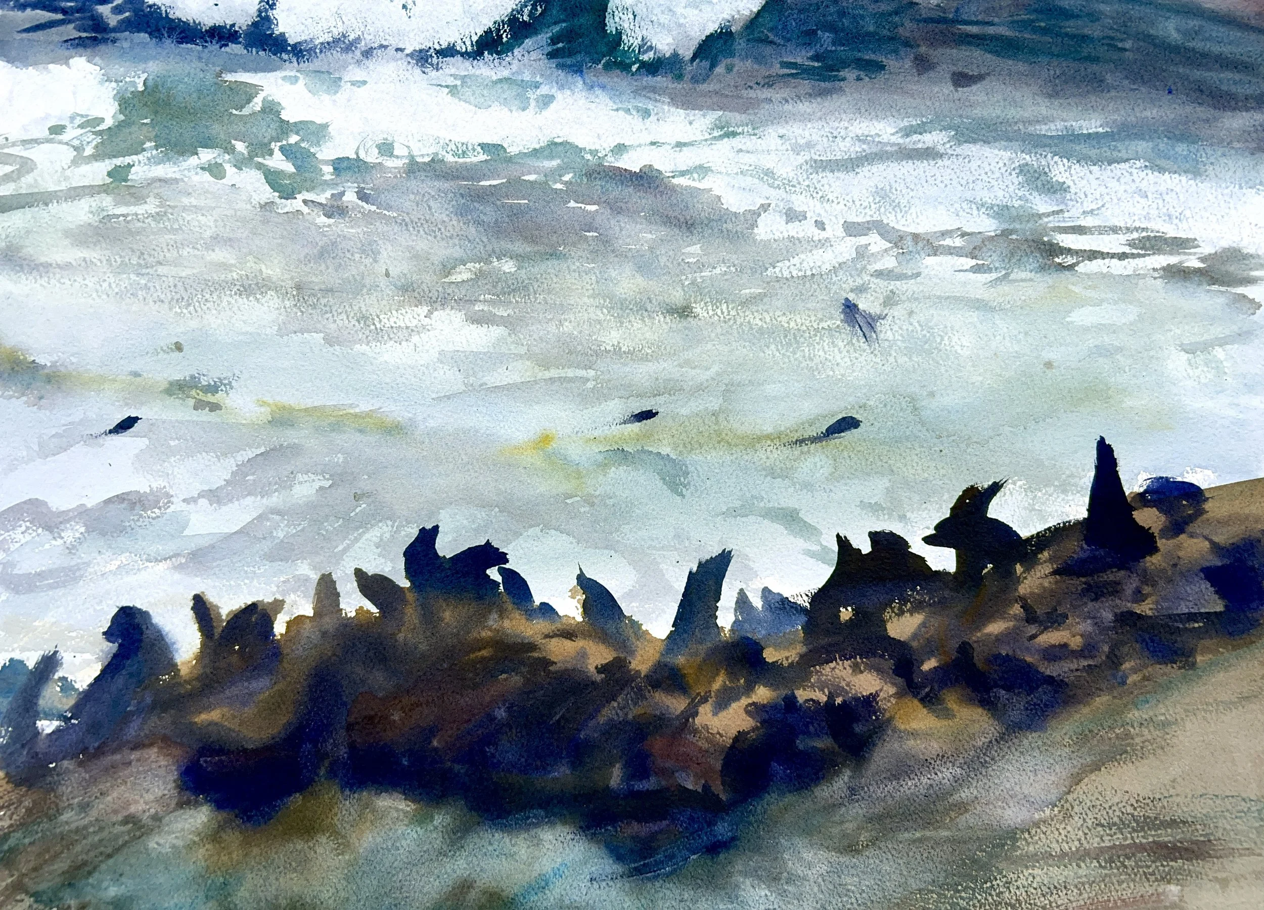 Plein Air, 7:05-7:35pm, Dusk, Sea Lions and Big Surf, 3.28.25