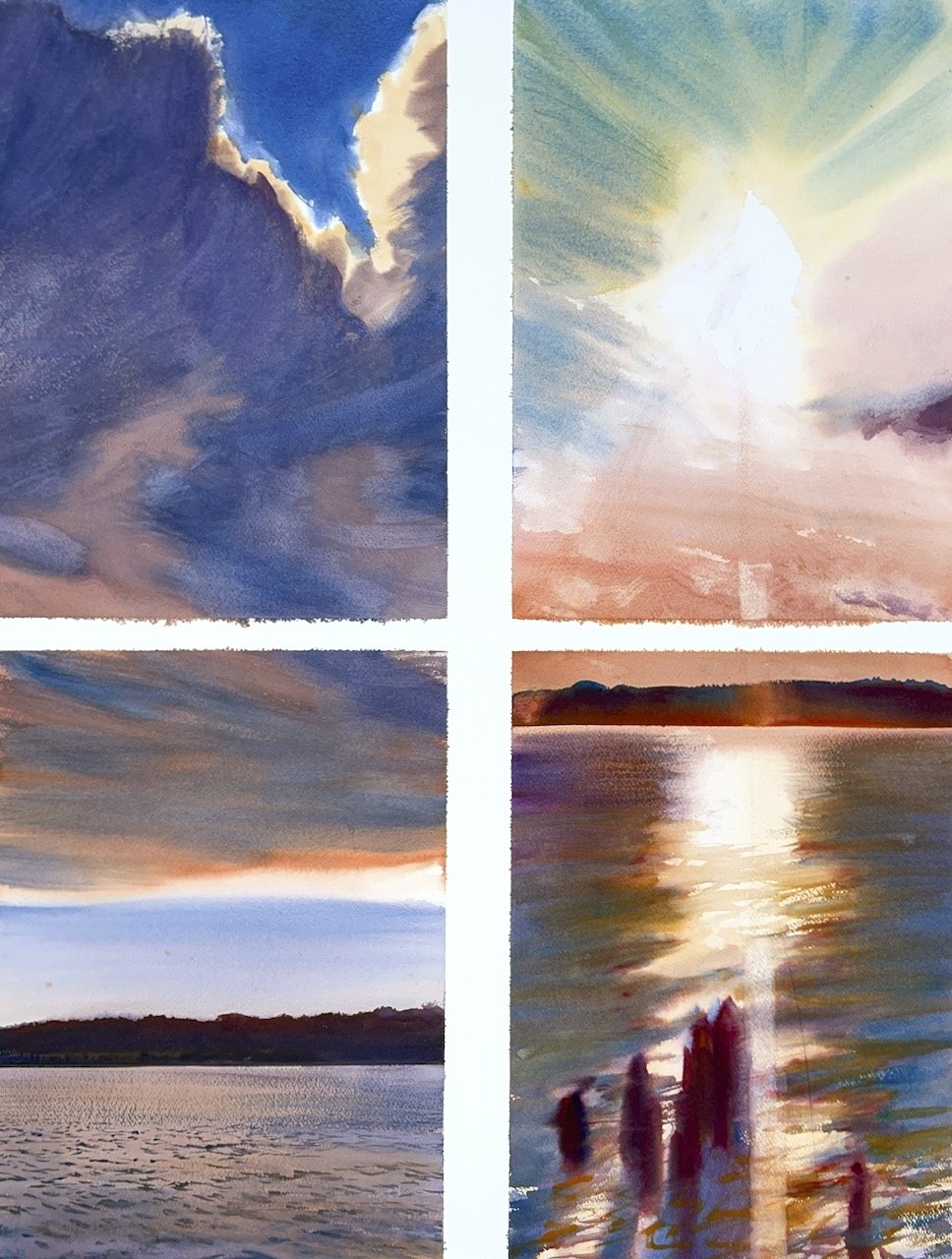 Plein Air, 6:45-7:30pm (Left) and 7:50-8:10pm (Right), Sunset from Doc’s Sunset Grille, Oxford, MD, 7.15.25