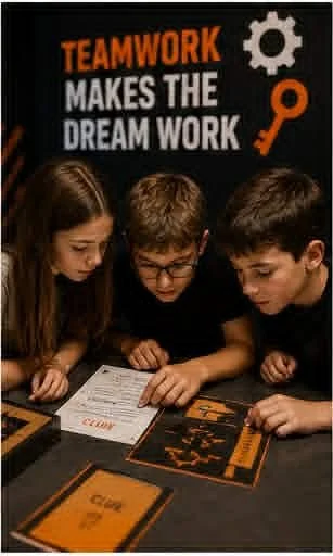 Students collaborating on clues during an educational escape room challenge