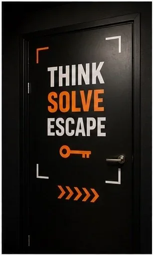 Escape room entrance with Think Solve Escape message at Escape London