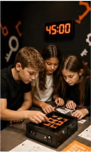 Students working together to solve an escape room puzzle at Escape London