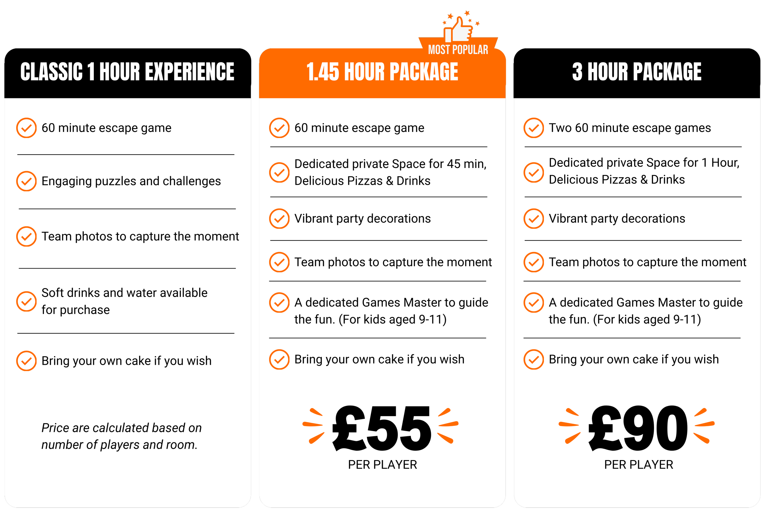 Escape London Birthday packages featuring 1 hour, 1 hour 45 minute, and 3 hour escape room experiences with food, decorations, and private party space
