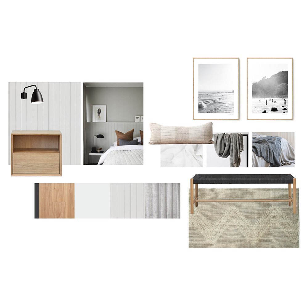 Visual moodboard and product selections for an earthy tranquil master retreat.