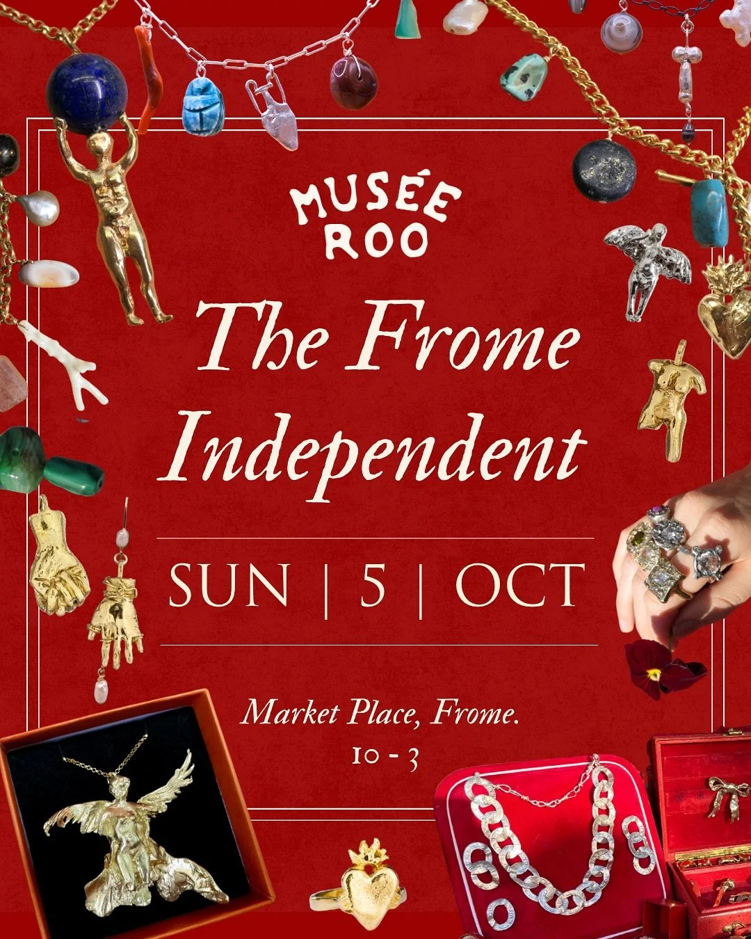 Frome is fun! 🫶📍📯💃 I&rsquo;ll be back in town for @thefromeindependent this Sunday 5th October with the full treasure trove upon red velvet. ✨ Come along for a rummage, to try on the rings, personalise a charm necklace &amp; take your time to per