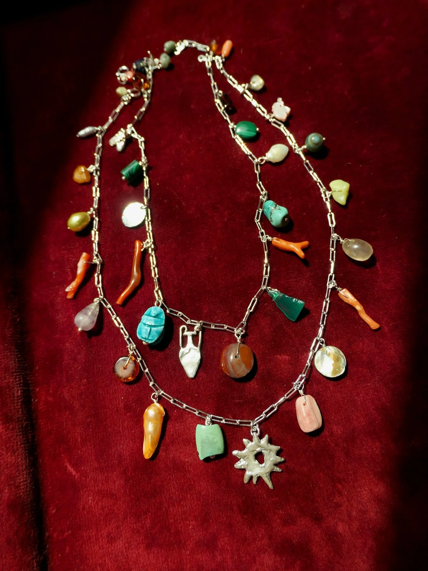 Some more of the new Charm Necklaces now available in the shop. 🫧 🪸 🐚 A cabinet of curiosities scattered along 14ct filled gold. You&rsquo;ll spy vintage mariners shells, lava stone, afghan lapis, African malachite &amp; sooo many gorgeous recycle
