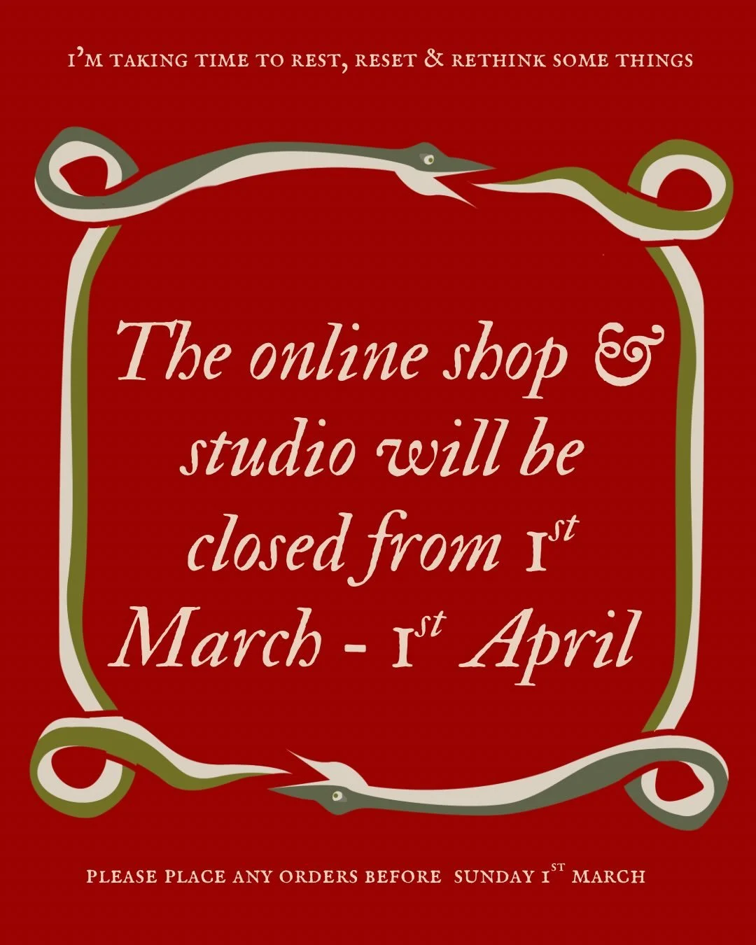 Hey magpie pals! ❤️&zwj;🔥 I&rsquo;ll be (temporarily) closing the shop very soon, so if you want to order something, please put an order in by midnight on Sunday 1st March. 🌞✨ 
I&rsquo;m going away next month &amp; I&rsquo;m putting down my polishi