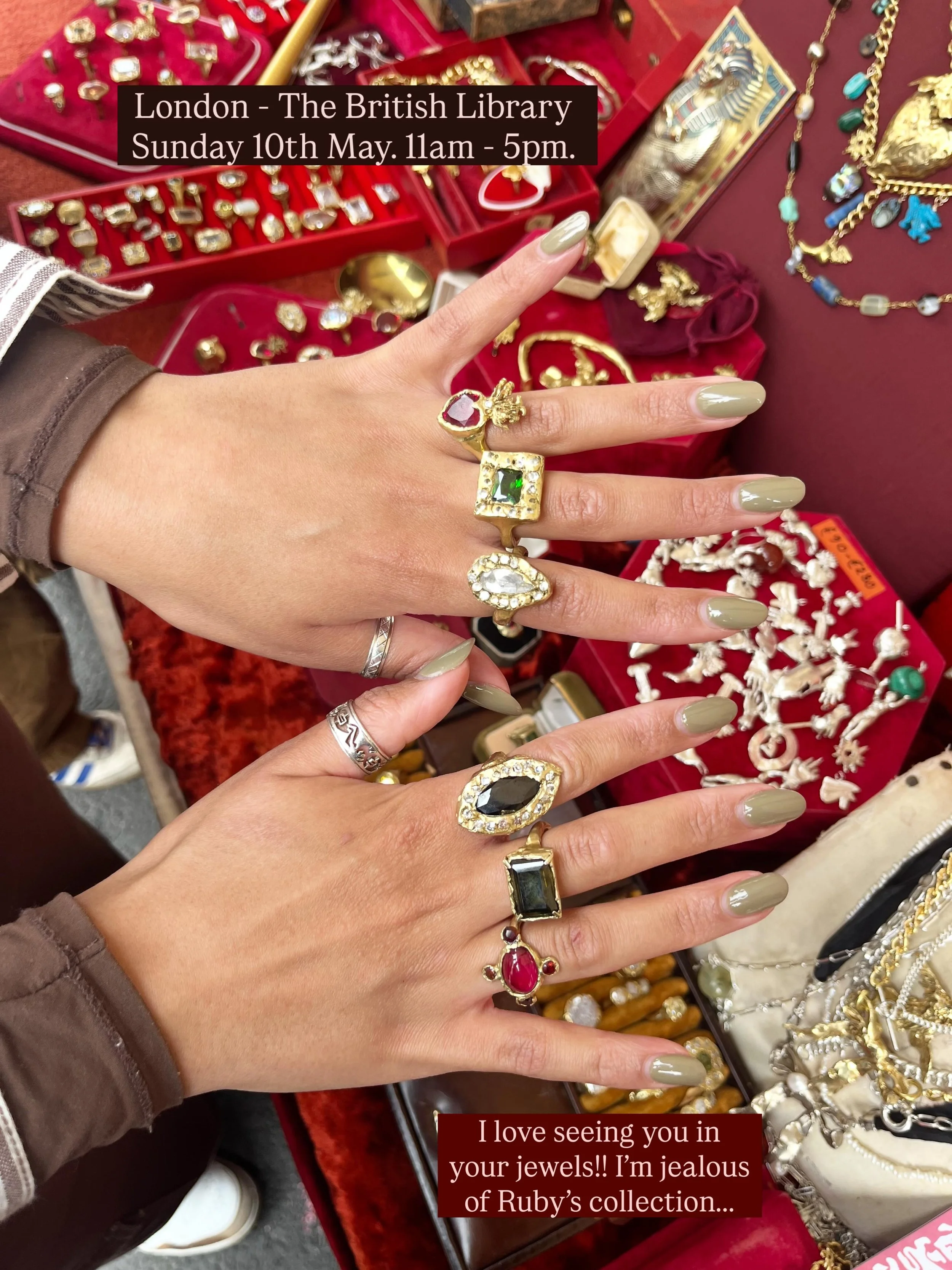 I&rsquo;ll be at the @britishlibrary with the @craftyfoxmarket from 11am - 5pm this Sunday 10th May! 🌞✨📯 London magpies, it&rsquo;s been a hot minute!! I have been sculpting many medieval inspired rings from my Bristol studio, adorning chains in re