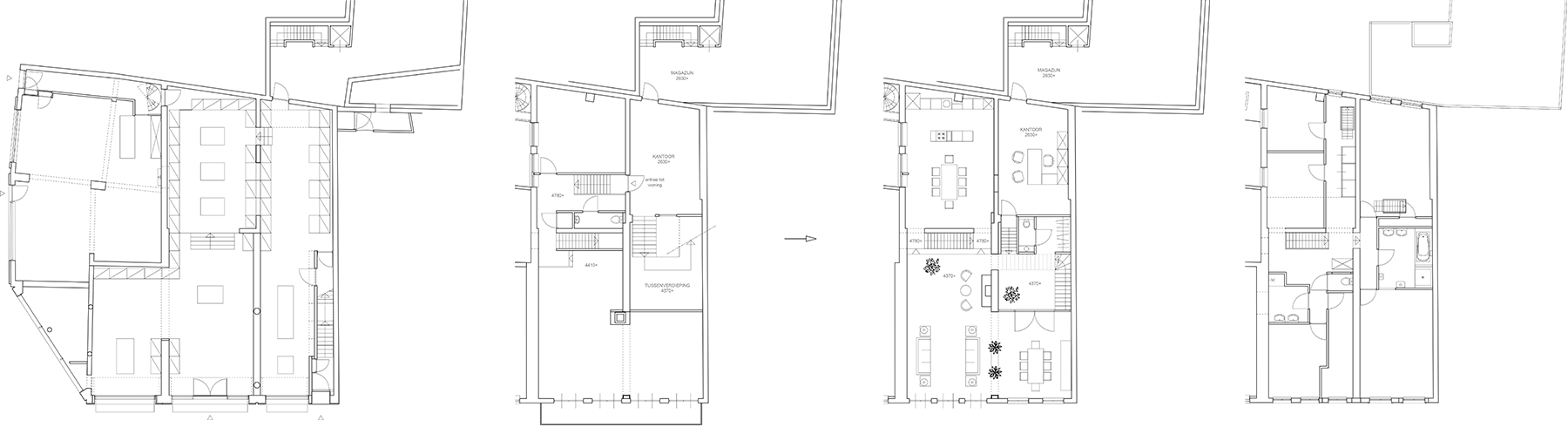Nieuwe begane grond - bestaande 1e verdieping > nieuwe 1e verdieping - 2e verdieping