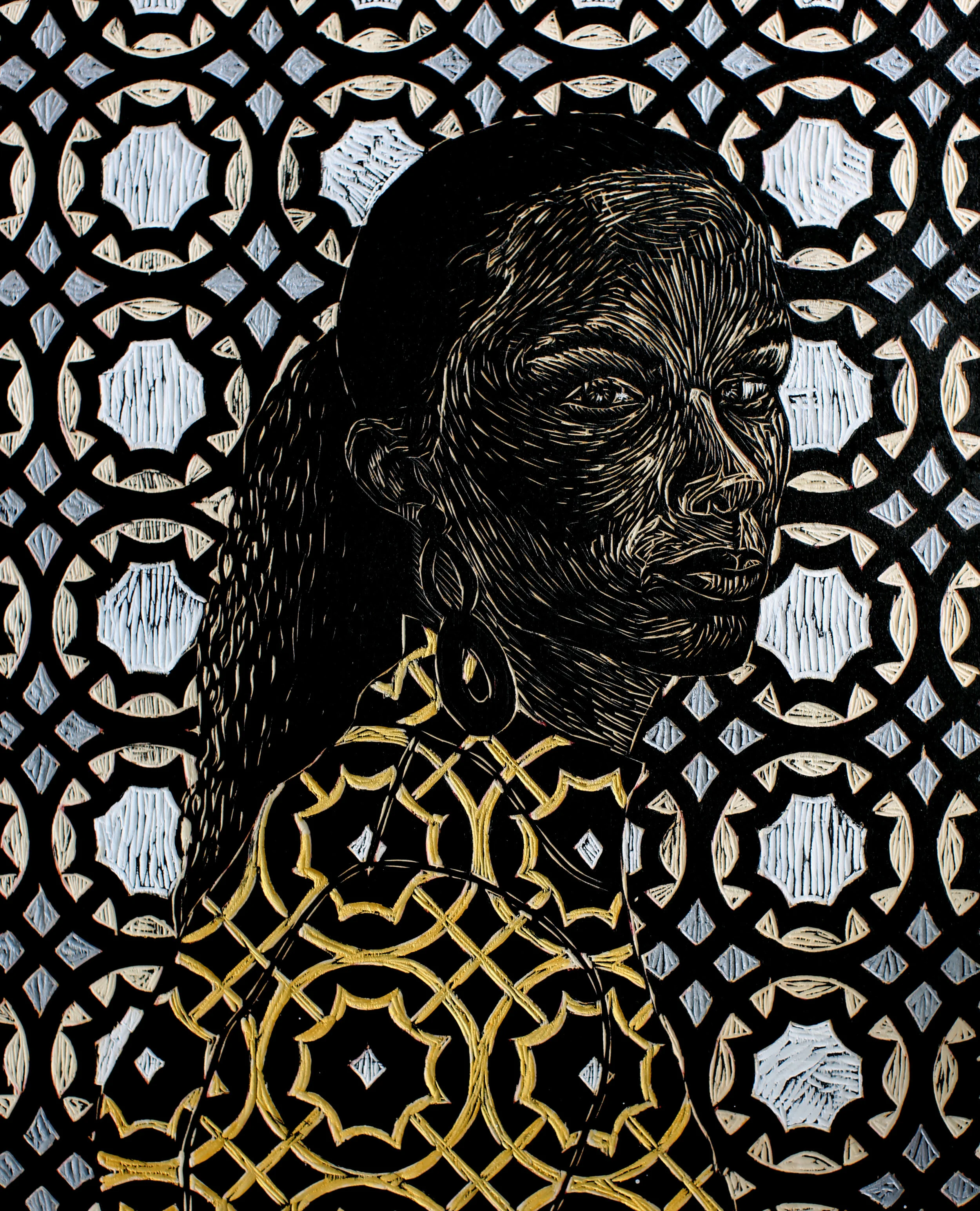 Rose Ink, Acrylic and relief carving on wood panel 20" X 16" 2019
