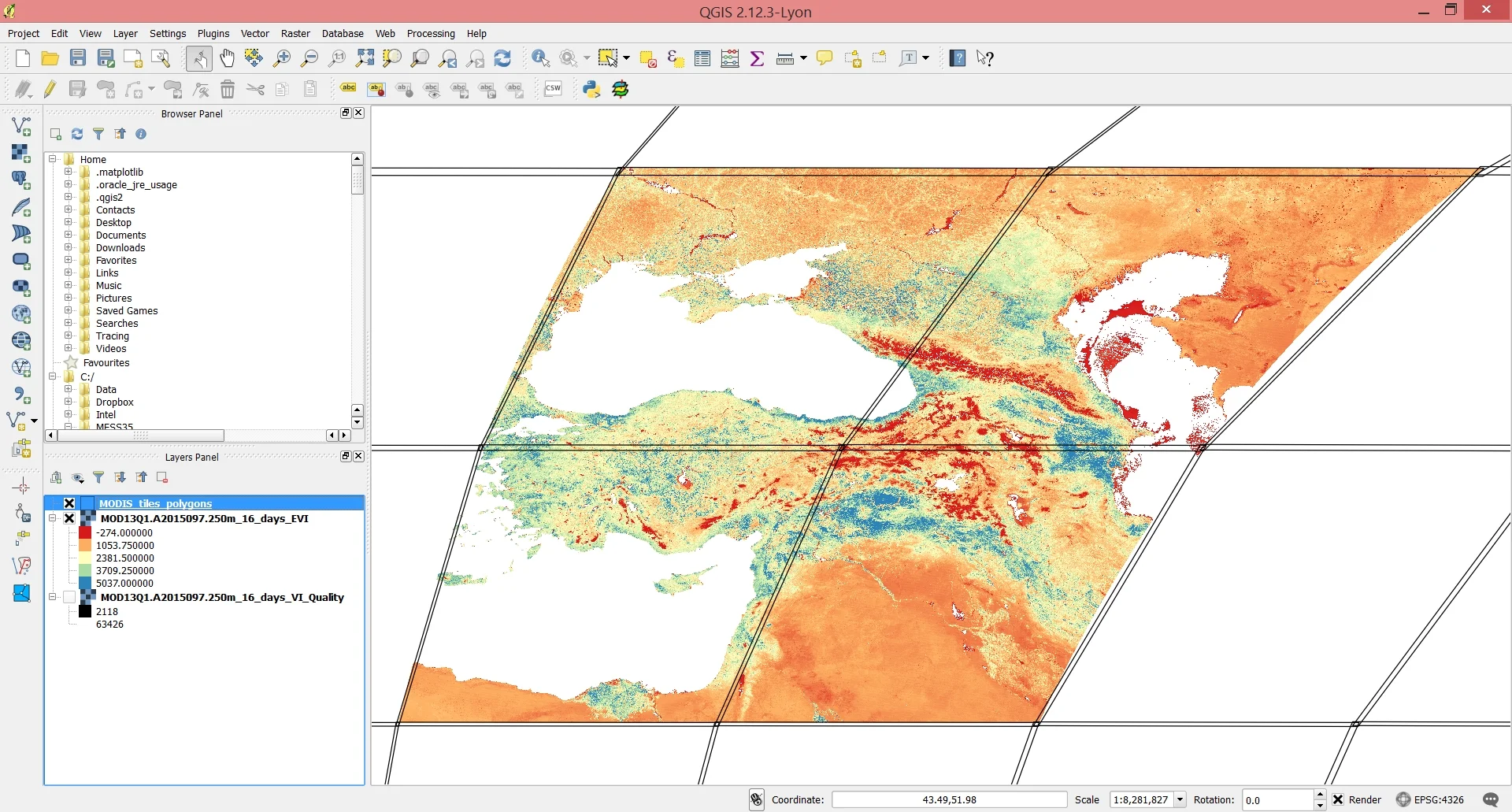 Screenshot of the final mosaicked imagery loaded into QGIS along with the boundaries of the MODIS tiles.