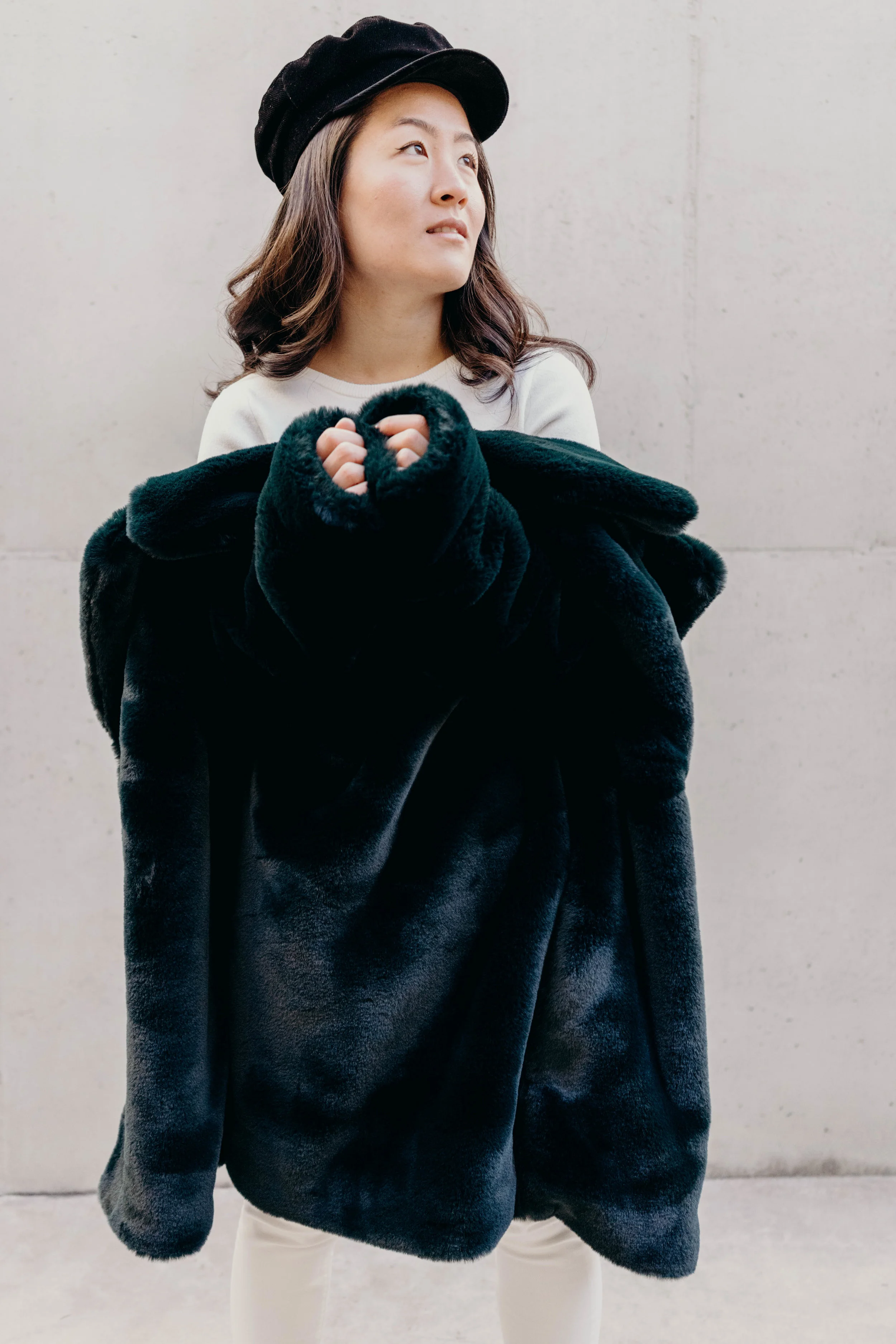 Setting Intentions for 2019 | On the Street Where We Live ( aretherelilactrees.com ) MANGO cross-back sweater, baker boy hat, & Other Stories emerald faux fur coat, booties, Everlane denim