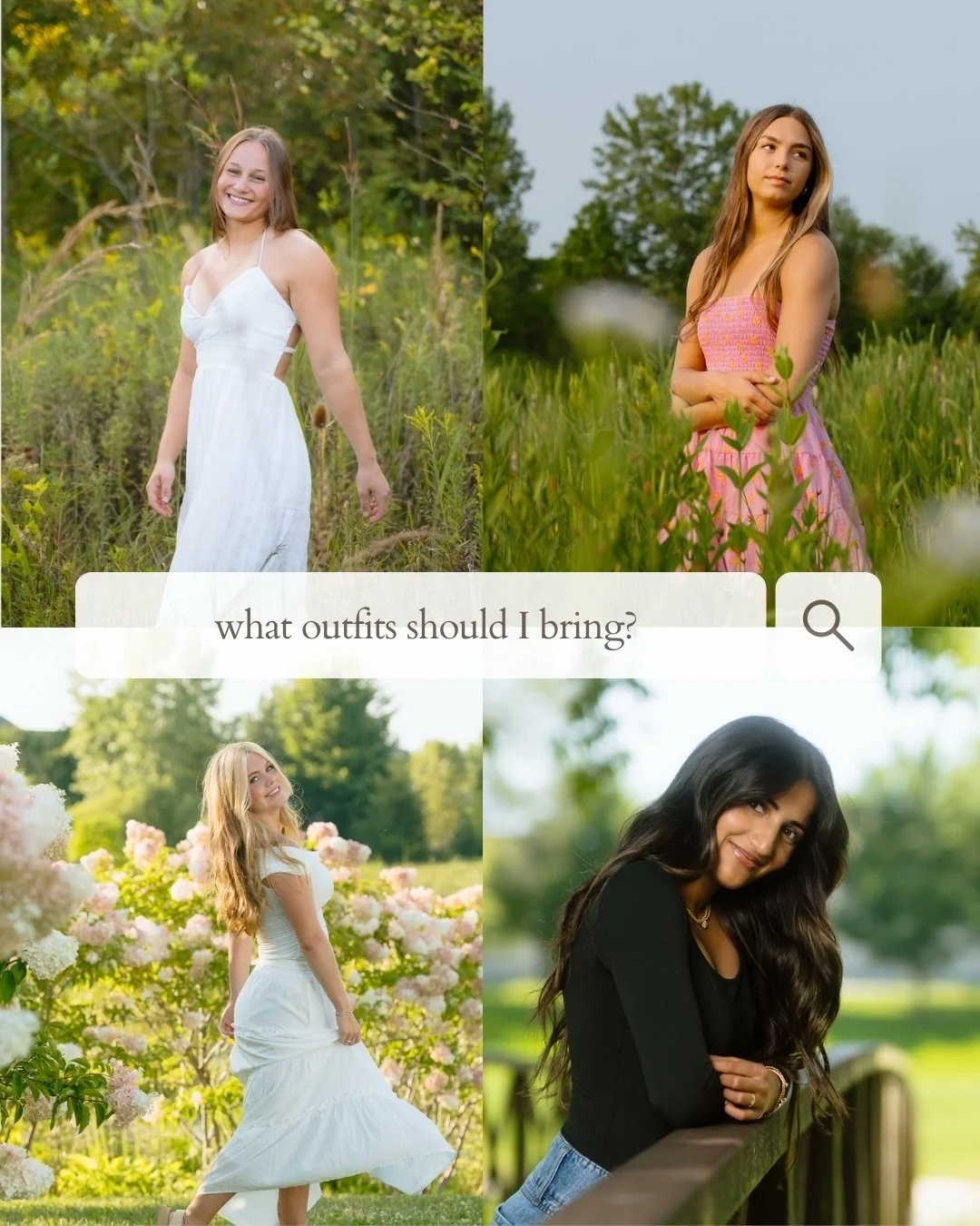 Here&rsquo;s a secret: seniors who bring the most variety always walk away with the most photos they love.

The six looks that show up at almost every session:

&rarr; Flowy or boho dress
&rarr; Jeans + a top
&rarr; A white dress/outfit
&rarr; Sport/