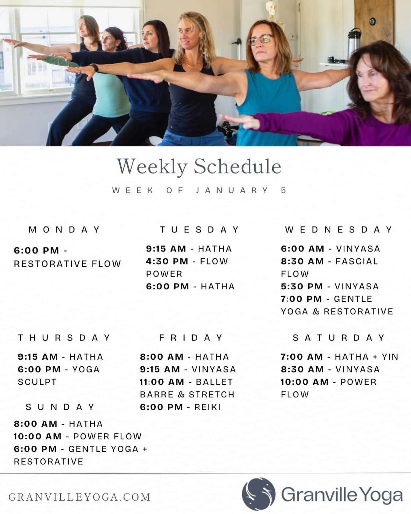 Your week, grounded and supported. ✨
From gentle and restorative to strong, steady flows, our January 5 schedule is here to help you find your calm, no matter how full life feels. Come move, breathe, and reconnect in our welcoming, judgment-free spac