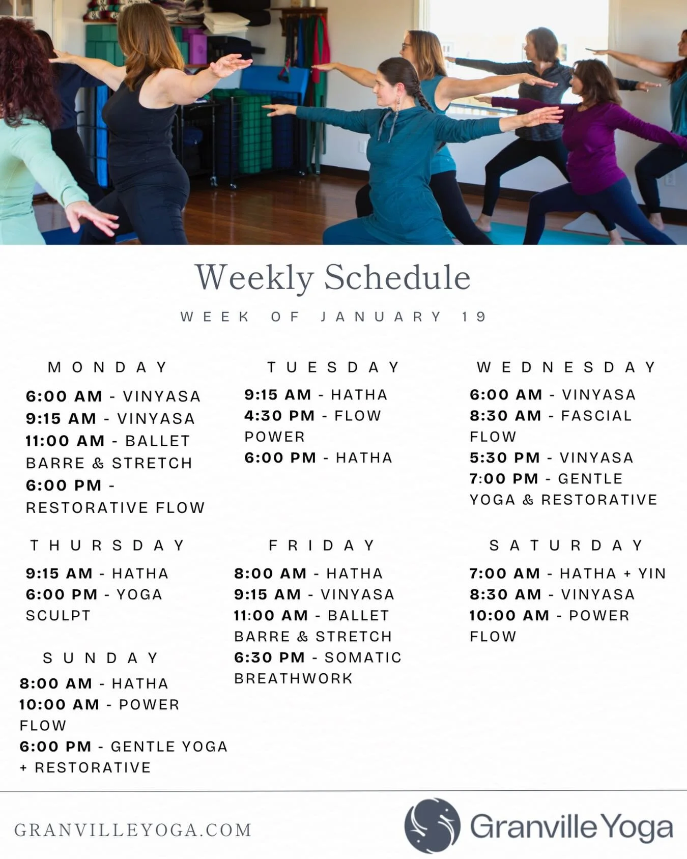 Your week, your practice.

From energizing Vinyasa to nourishing Restorative, our new schedule is here to support you wherever you are 🤍

#GranvilleYoga