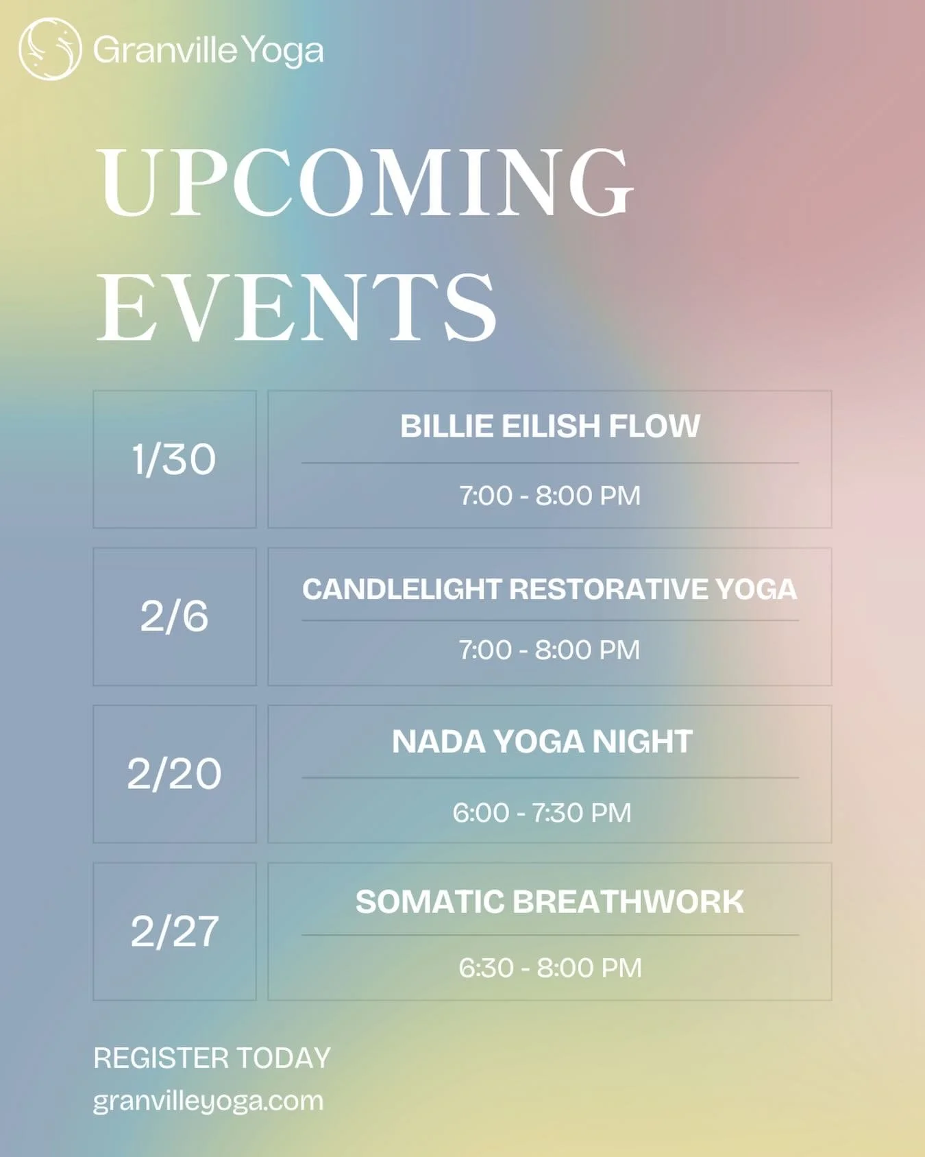 If you&rsquo;ve been craving something more than your usual routine, this is it.

Our upcoming events still have space available, and each one offers a different way to unwind and reconnect.

🎶 Billie Eilish Flow - Jan 30
🕯 Candlelight Restorative 