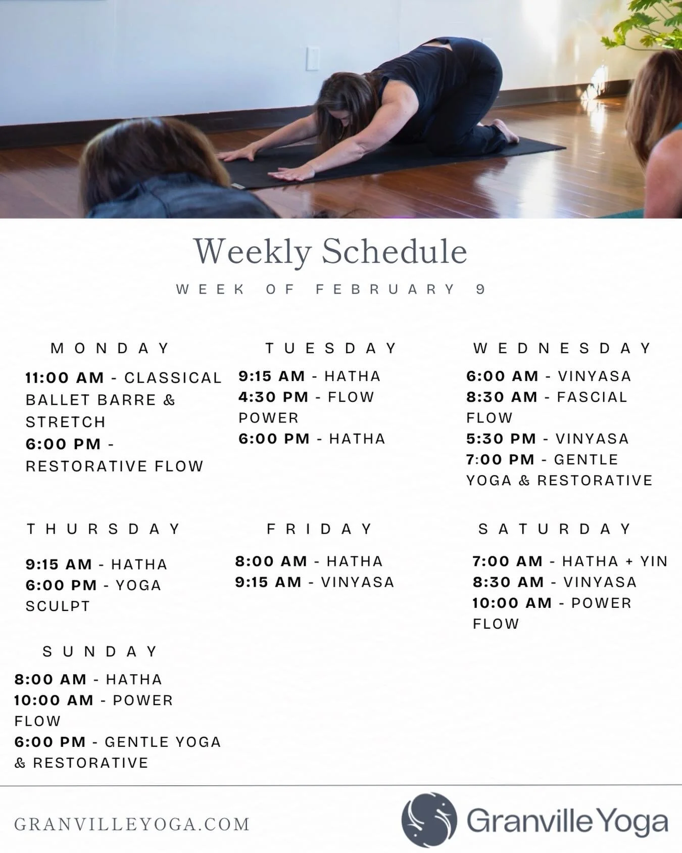 Weekly Schedule Update 🧘

This week&rsquo;s flow is steady and familiar, just one small change: 
Friday&rsquo;s 11 AM Classical Ballet Barre &amp; Stretch is cancelled.

As we move through February, we&rsquo;re continuing our study of Satya on the m