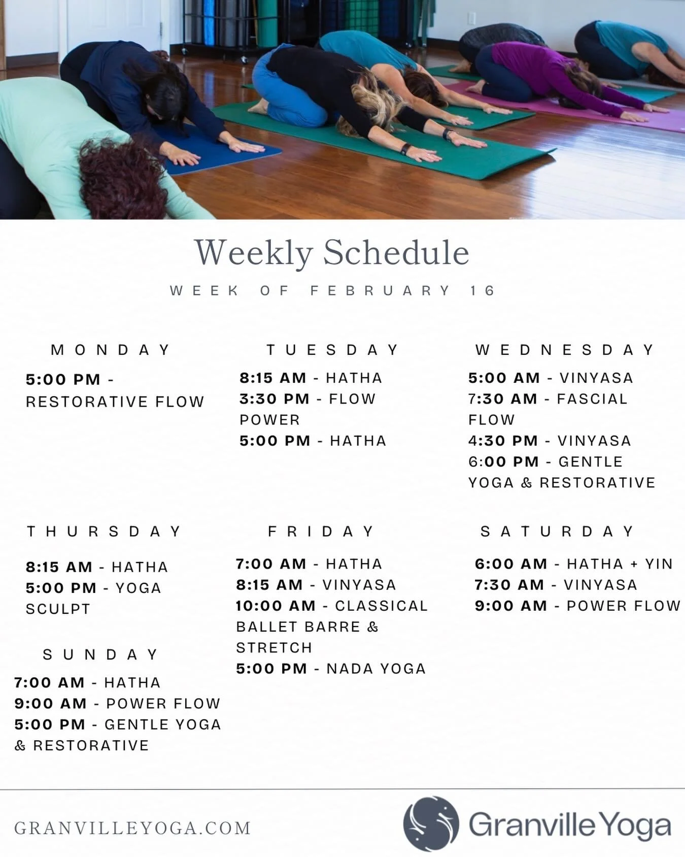 ✨ Your Week at Granville Yoga ✨

Life is busy. Your practice doesn&rsquo;t have to be.
This week, step into your safe haven and reconnect. Whether you&rsquo;re looking to build strength, soften stress, or simply pause for an hour, we&rsquo;ve saved y