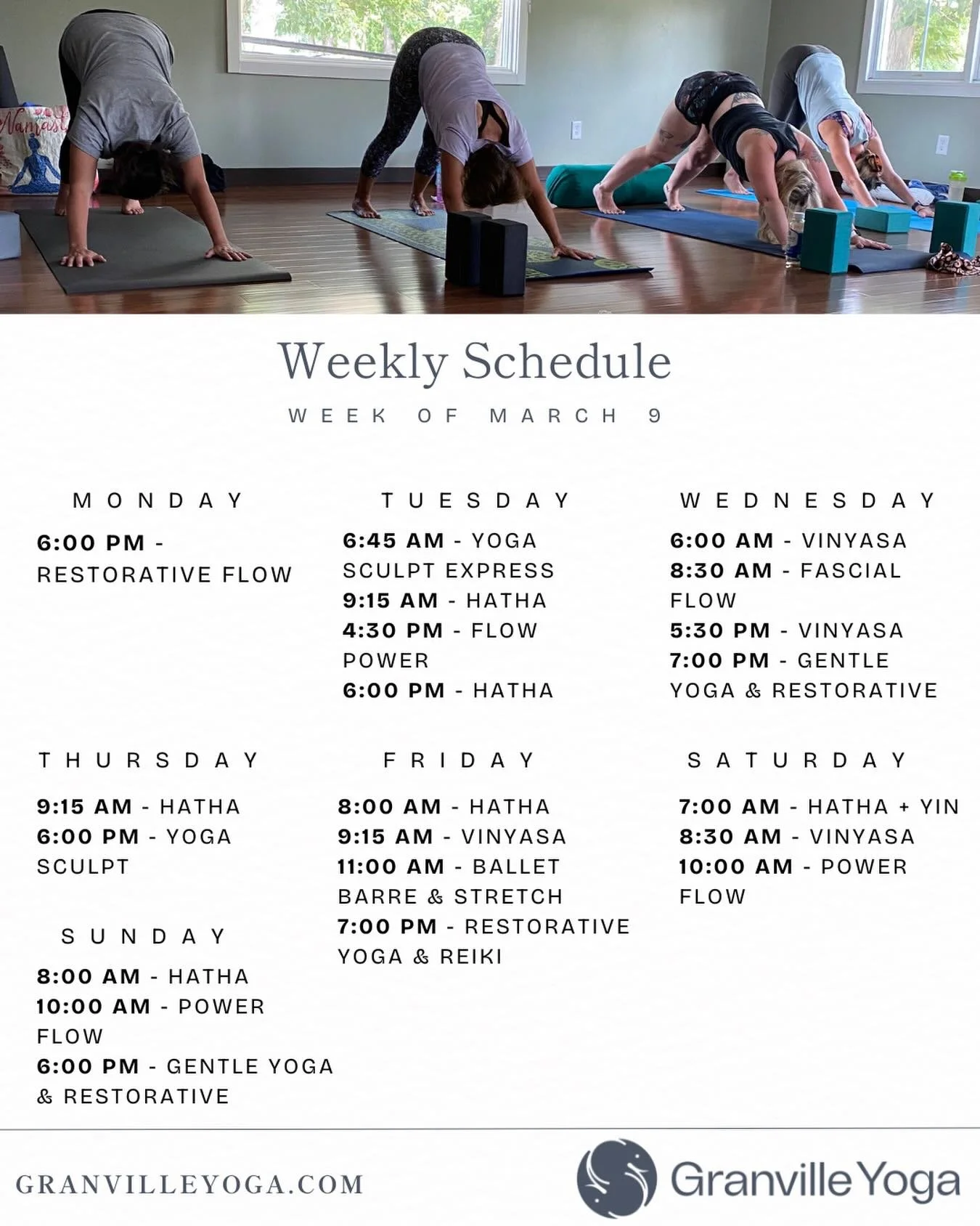 New week, new opportunities to reconnect. ✨

Our updated schedule is here, and there are so many ways to step onto your mat and find your calm this week. Whether you&rsquo;re looking to move, breathe, or simply slow down, there&rsquo;s a space for yo