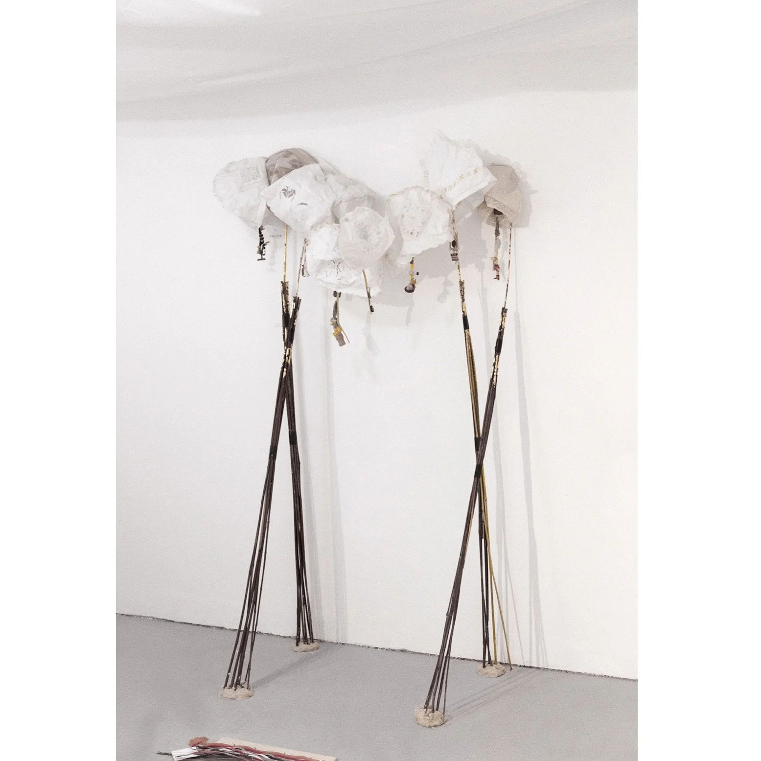  Even on My Knees, 2018  Vintage teapot cover on Bamboo cane, gold leaf and clay.  Progressive canopy installation developing within Upside Down Table Exhibition.   