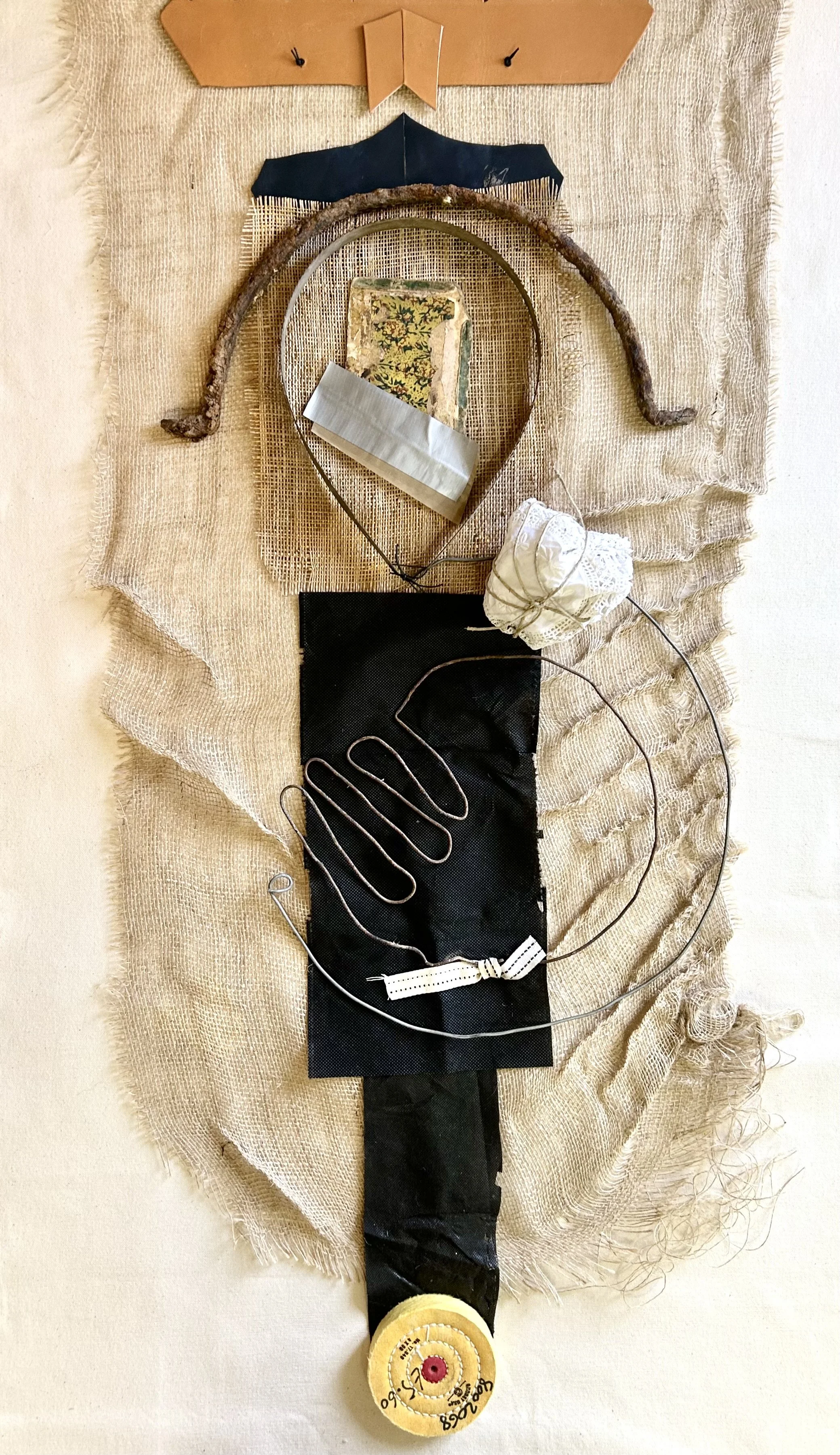 Good girl , 65cm x 115cm, 2025, pintucked hessian offcut, leather offcuts, lace doilies, sculpted vintage wire, found objects on canvas and wood.