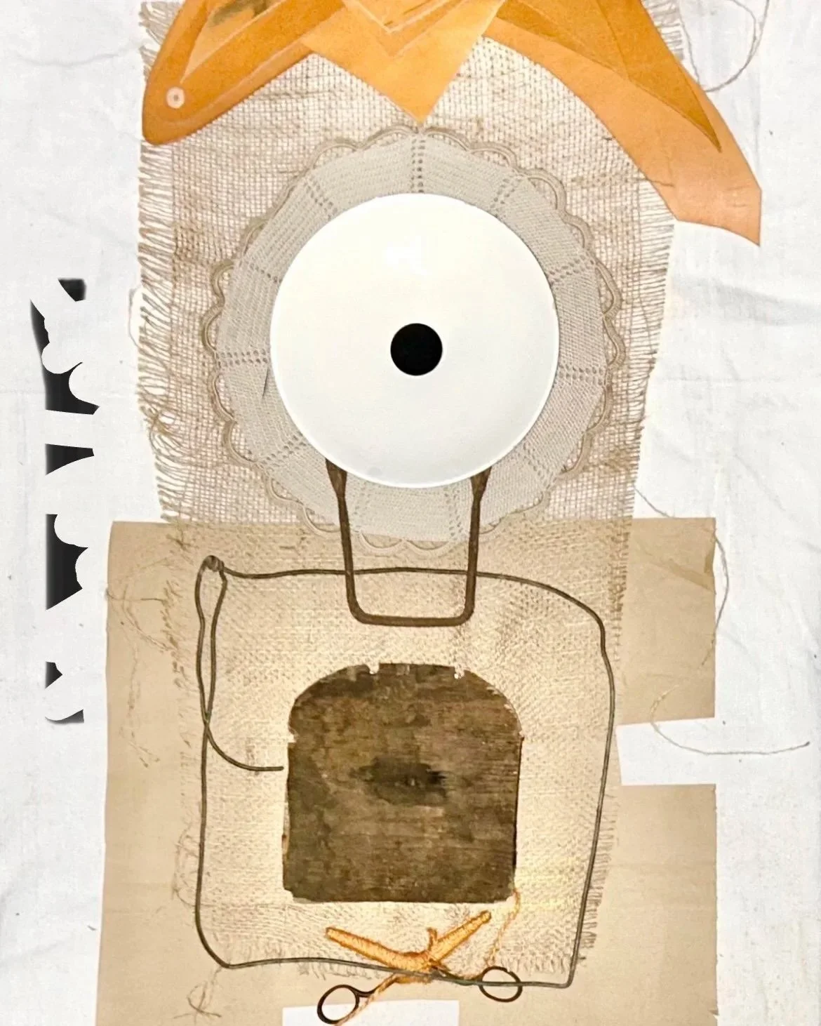   DYSTROPIUM #7 Scissors that don’t cut   57cm x 115cm. Leather, hessian, wood and paper offcuts, vintage wire, doily and lightshade, acrylic paint on canvas and wood. 