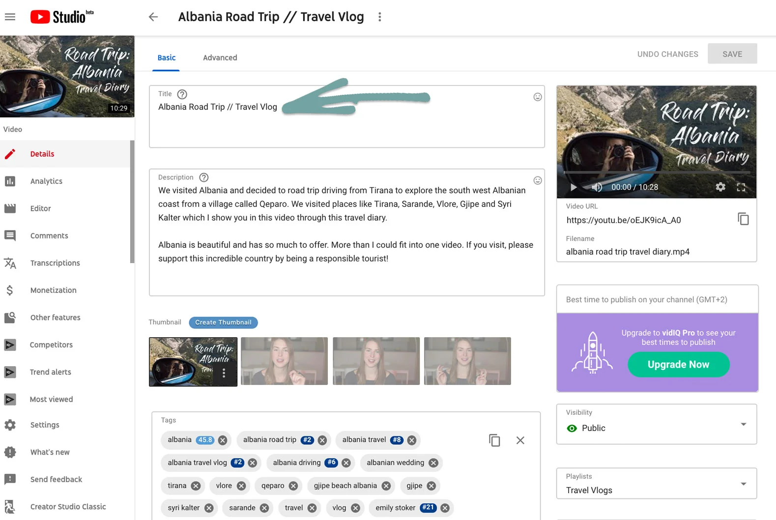 My title on a sample YouTube video via the YouTube Studio space.. Keywords I wanted to focus on include “Albania” and “Travel Vlog”.