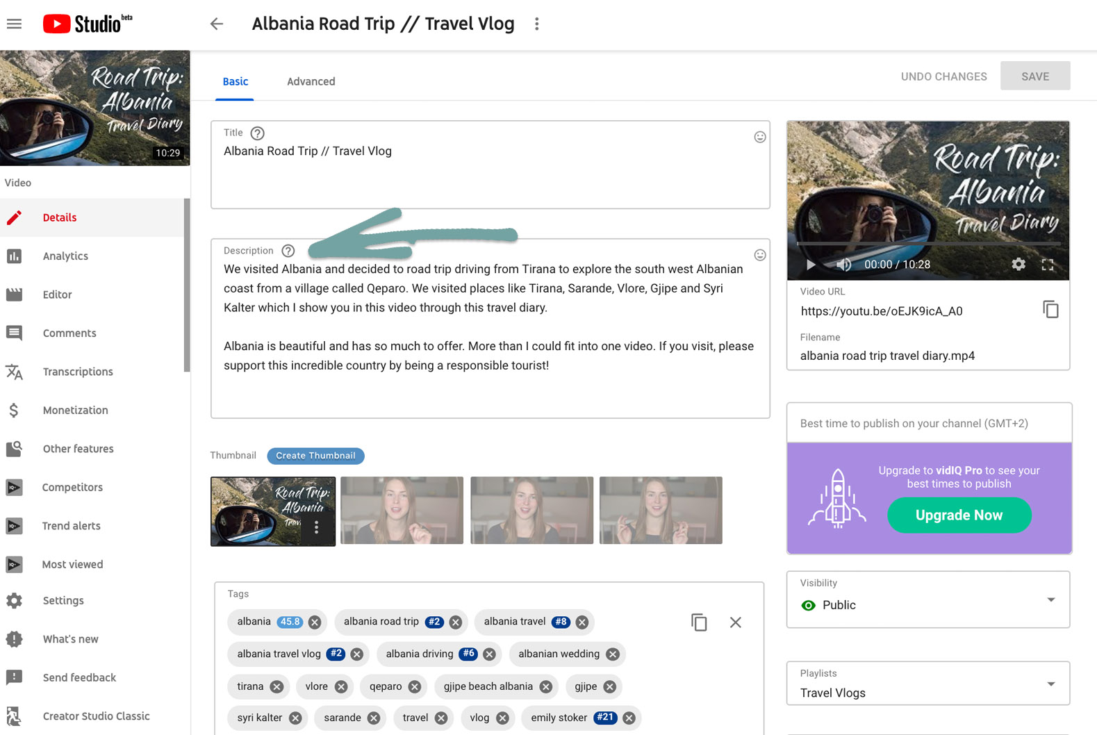 Notice my repetition of key terms relating to place names (alternating between country - a more general key term - and towns and cities, which are more specific). I include other keywords relating to travel, travel vlogs and tourism.