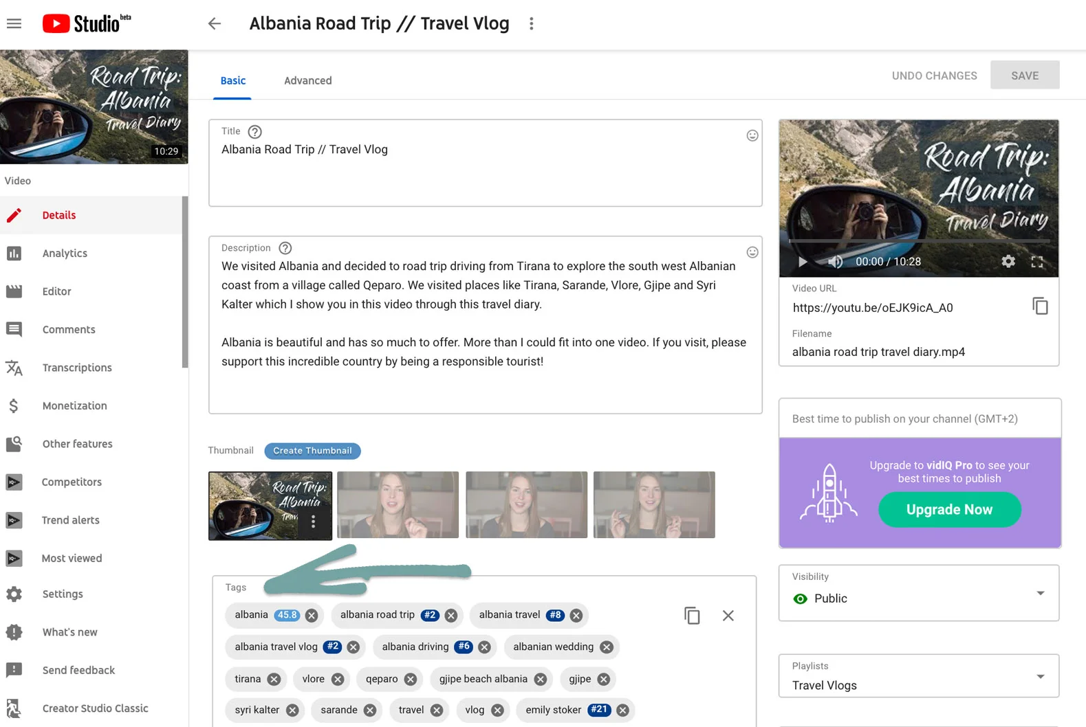 The tags that I chose to include for this YouTube video. The numbers alongside them represent the score and where the video ranks for that term (this is a feature of Vid IQ).