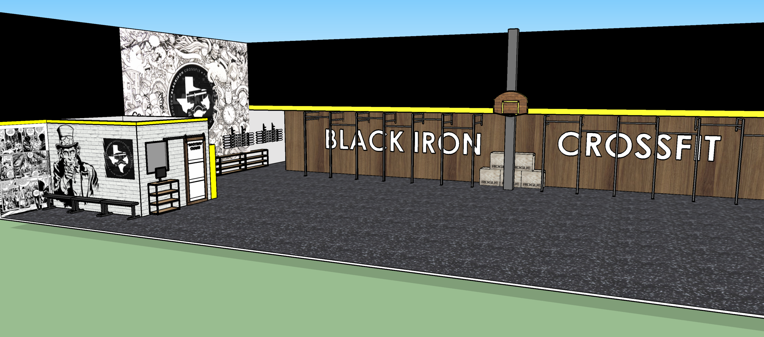 Initial 3d rendering of black iron crossfit