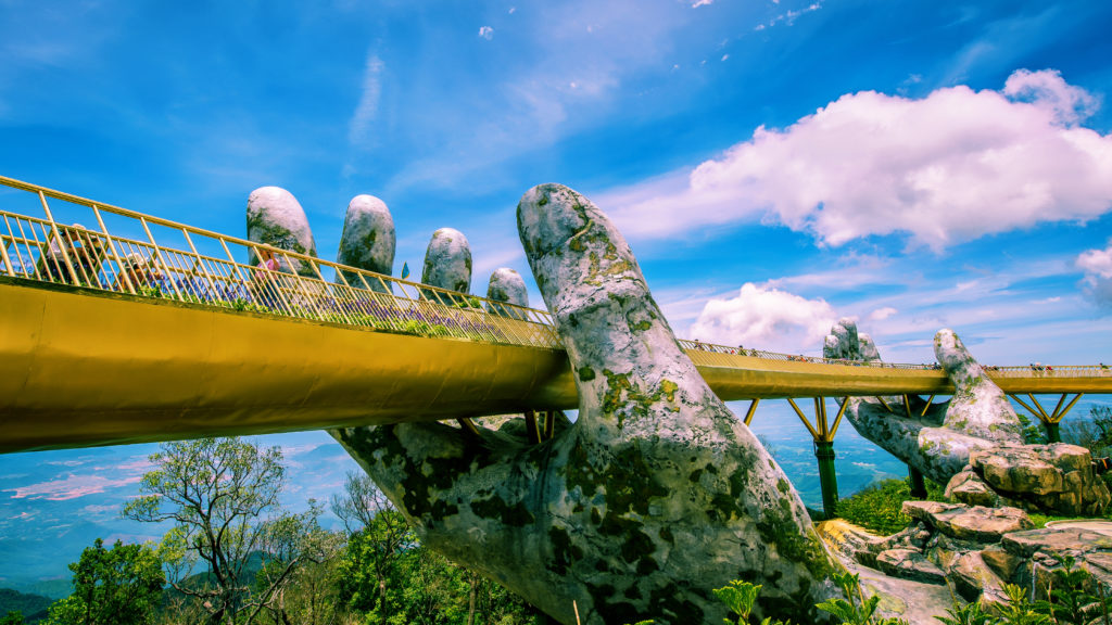 The rapidly-becoming-famous Golden Bridge up in the Ba Na Hills provides relief from Vietnam’s heat.