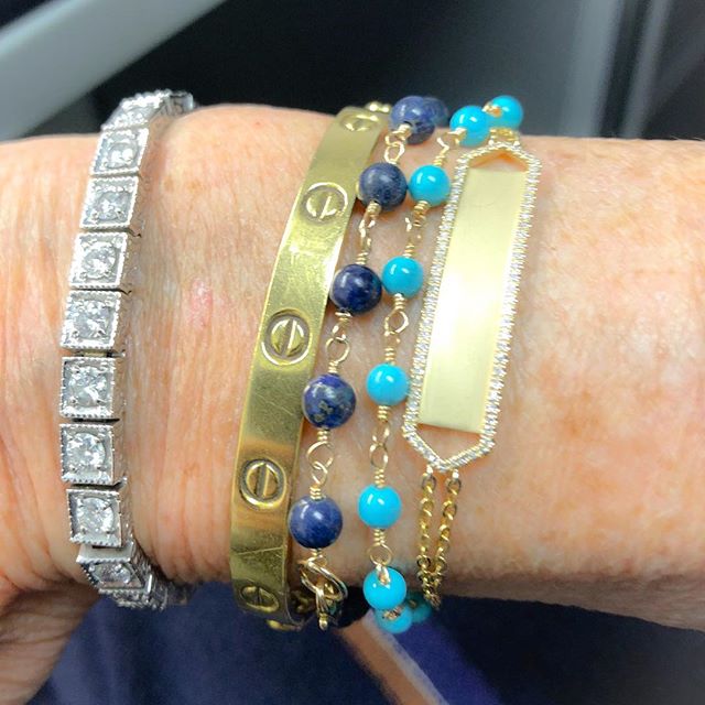 Don&rsquo;t you love these lapis and turquoise gold bracelets? Another new design is this gold and diamond ID bracelet.