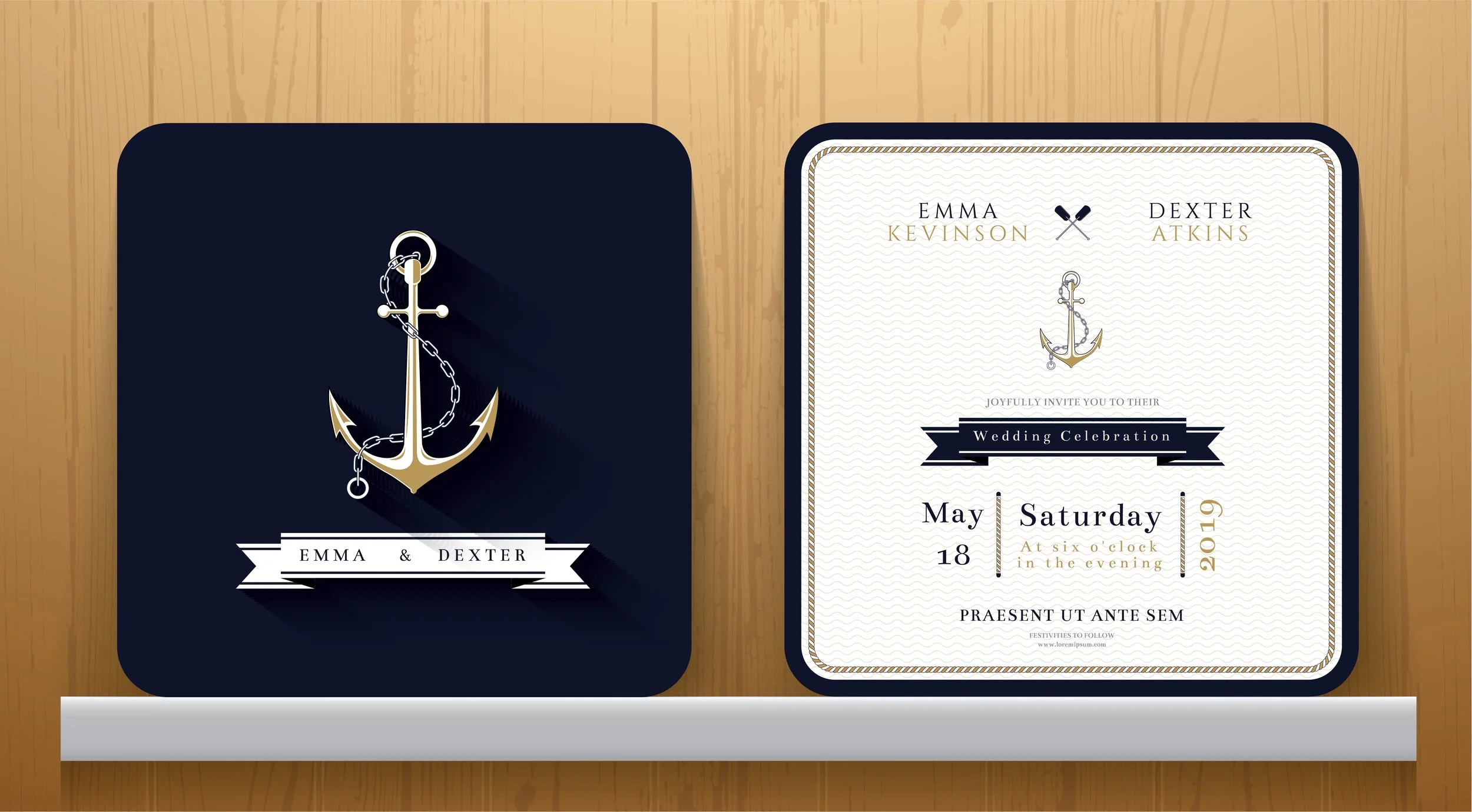 Vintage Nautical Anchors Wedding Invitation Card in Navy Blue Theme.jpg