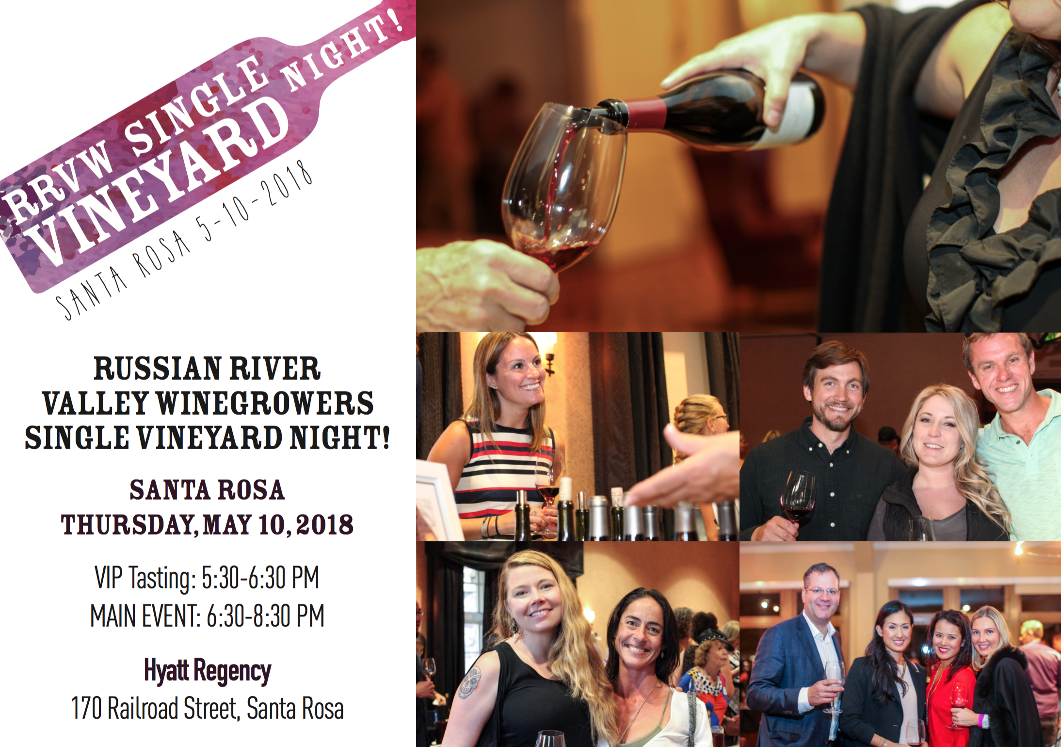 Join Russian River Valley Winegrowers for an amazing tasting experience of Russian River Valley single vineyard wines. More than 30 wineries will be pouring small-lot, single vineyard wines from the Russian River Valley, including Pinot Noir, Chardonnay, Zinfandel, Syrah and Sauvignon Blanc. Guests will dine on delicious appetizers. The VIP Experience A limited number of VIP tickets are available. Enter one hour early beginning at 5:30pm and get the chance to meet the winemaker and recieve exclusive tastings of rare, limited release and tasting room wines only wines. Purchase Tickets -> Click Here