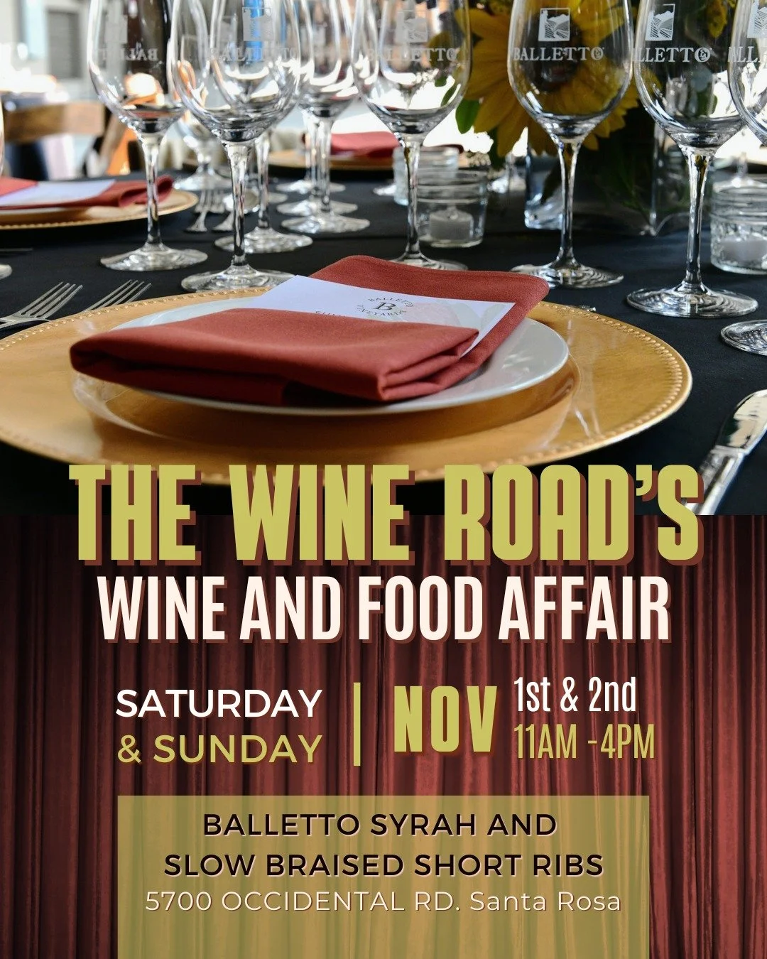 Celebrate the 25th anniversary of Wine &amp; Food Affair with us! 

Uncork the weekend with us November 1st &amp; 2nd, from 11AM to 4PM and experience the ultimate wine and food event in Sonoma County. We&rsquo;ll be pairing braised short beef ribs i