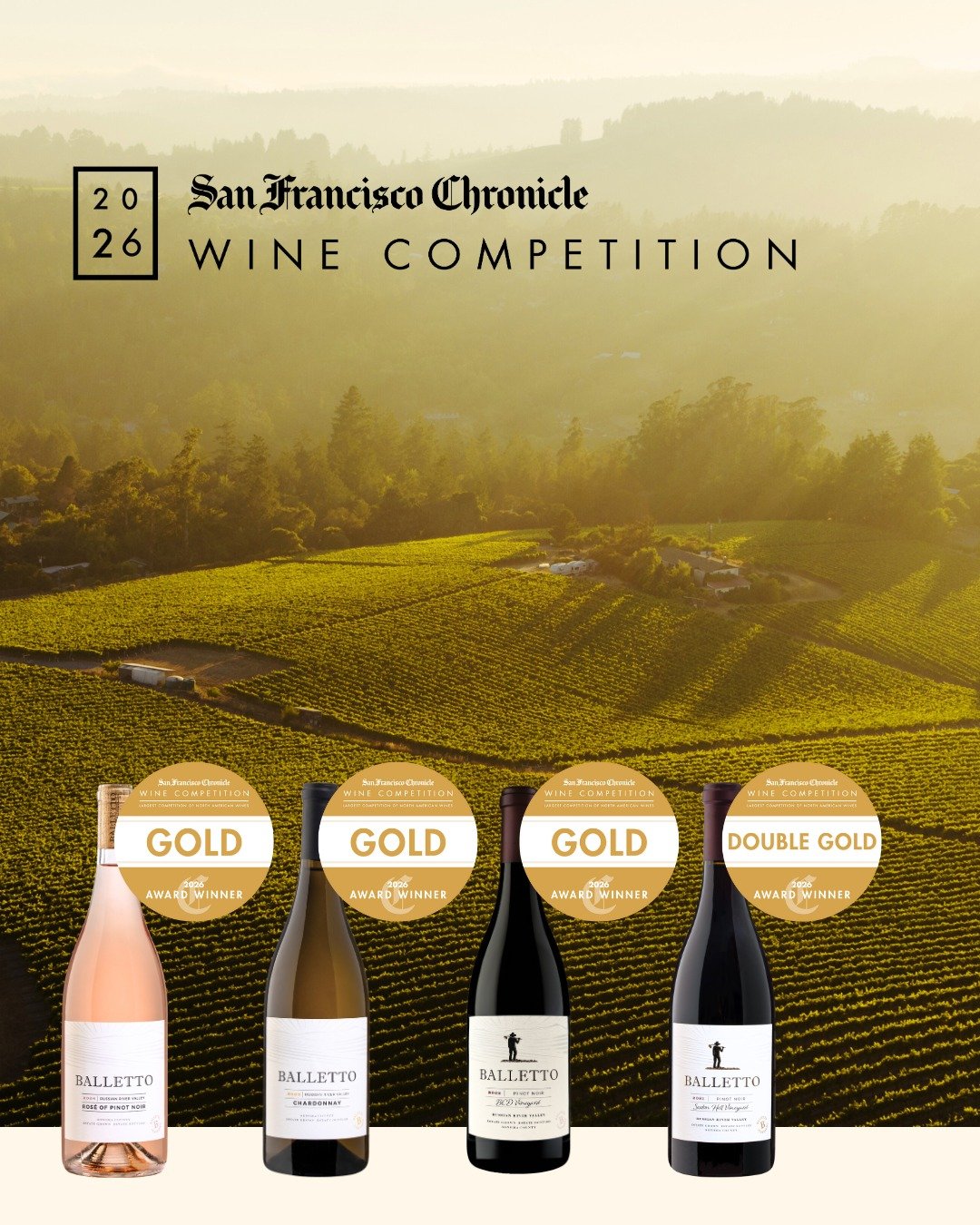 Our 2022 Sexton Hill Pinot Noir has won DOUBLE GOLD this year at the 2026 San Francisco Chronicle Wine Competition! 🥇🥇 Not to be outmatched, our 2024 Rose of Pinot Noir, 2023 Russian River Chardonnay, &amp; 2022 BCD Pinot Noir have also struck gold
