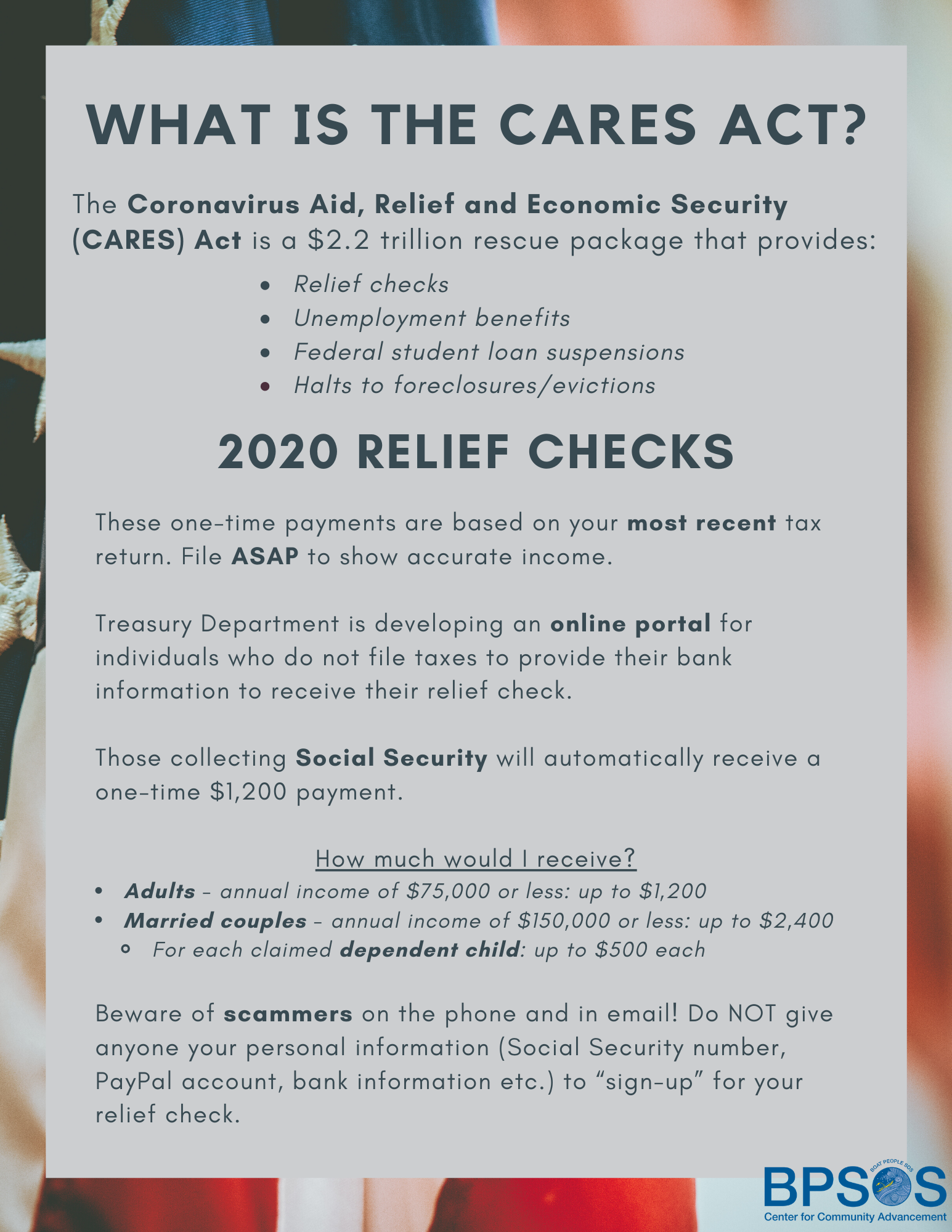 #CARESAct #ReliefChecks #Tax #TreasuryDepartment #Scams #COVID19 #Coronavirus #OrangeCounty #BPSOSCCA