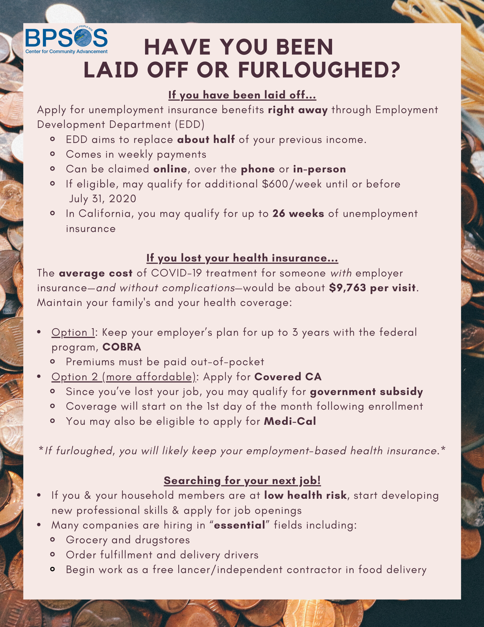 #EDD #Unemployment #UI #California #CoveredCA #MediCal #COBRA #Jobs #Employment #Essential #COVID19 #Coronavirus #OrangeCounty #BPSOSCCA