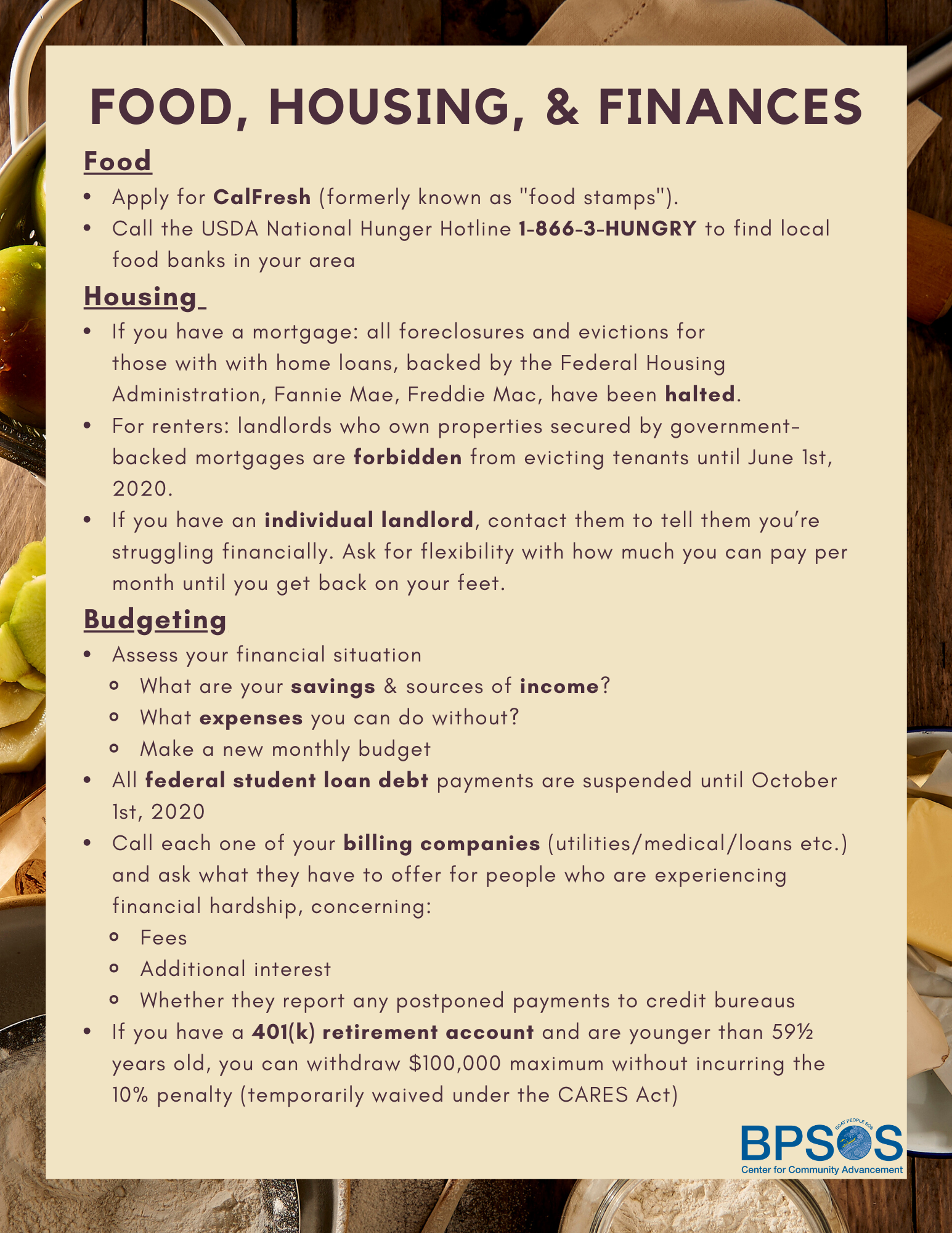 #CalFresh #FoodBanks #USDA #Housing #Foreclosure #Landlord #Renter #Eviction #StudentLoans #401k #COVID19 #Coronavirus #OrangeCounty #BPSOSCCA