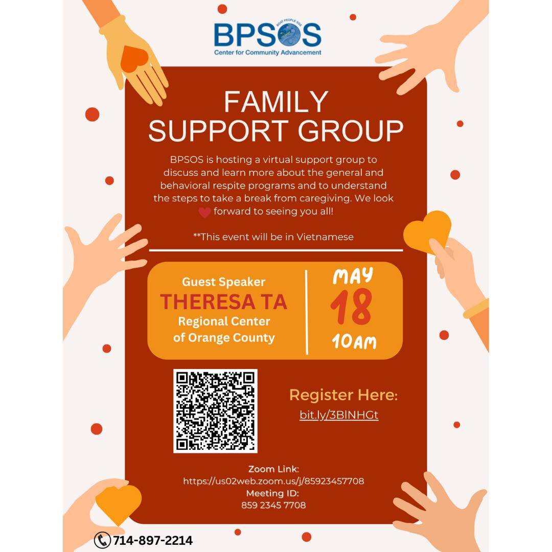 BPSOS would like to invite you to our next virtual support group on Thursday, May 18, at 10 AM, to discuss and learn more about the general and behavioral respite program, as well as understand the steps to get supported while caring for your childre