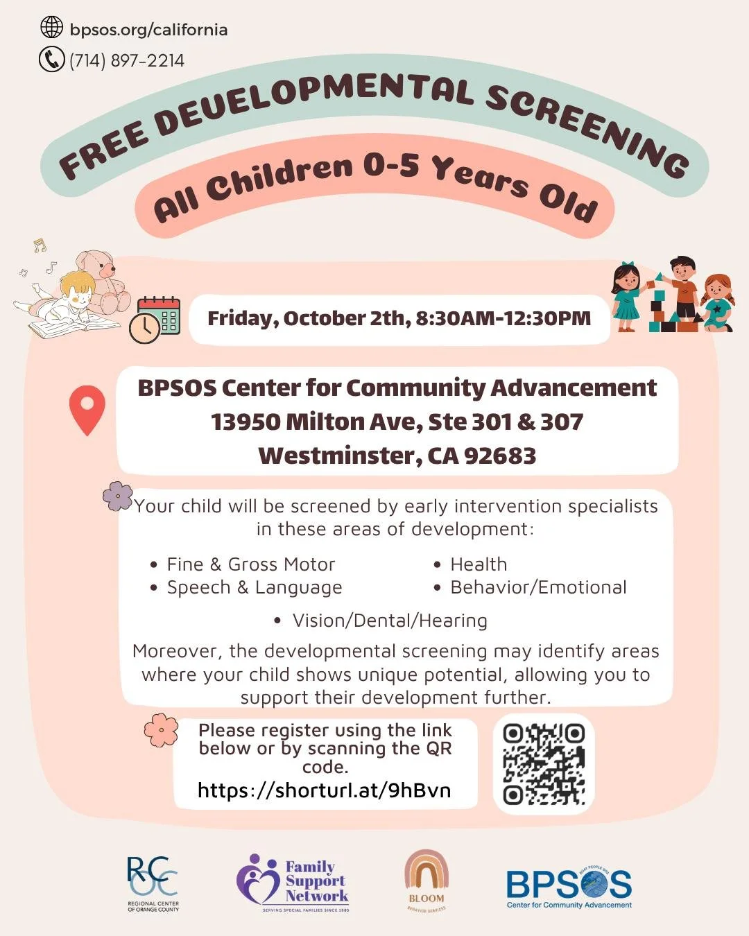 BPSOS CCA invites parents to bring their children ages 0&ndash;5 to participate in a free developmental screening! Early identification of developmental delays can help children receive the support they need to thrive. The screening will assess key d