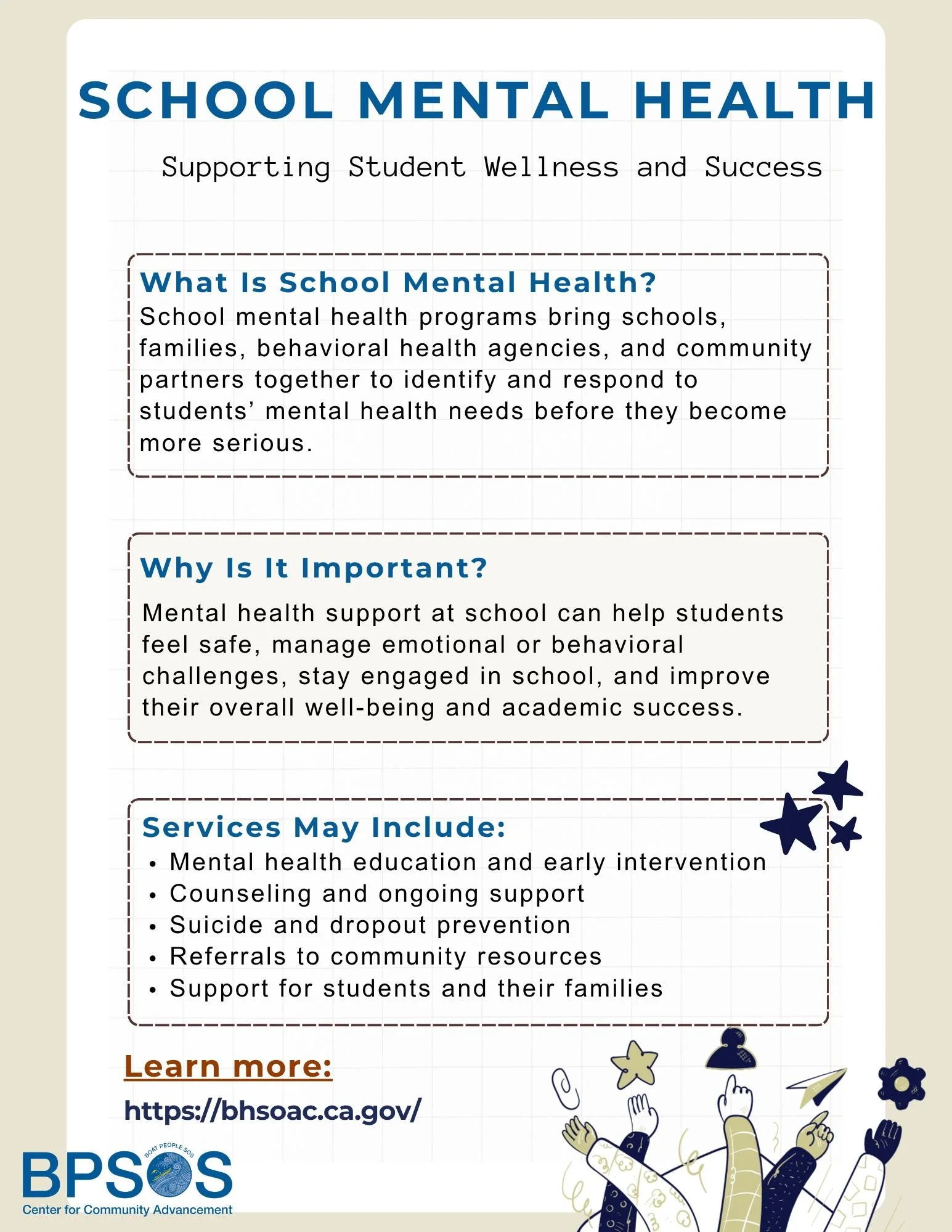 Mental health plays an important role in students&rsquo; well-being and success. School mental health programs provide early support, help students manage emotional or behavioral challenges, stay engaged in school, and improve their overall well-bein